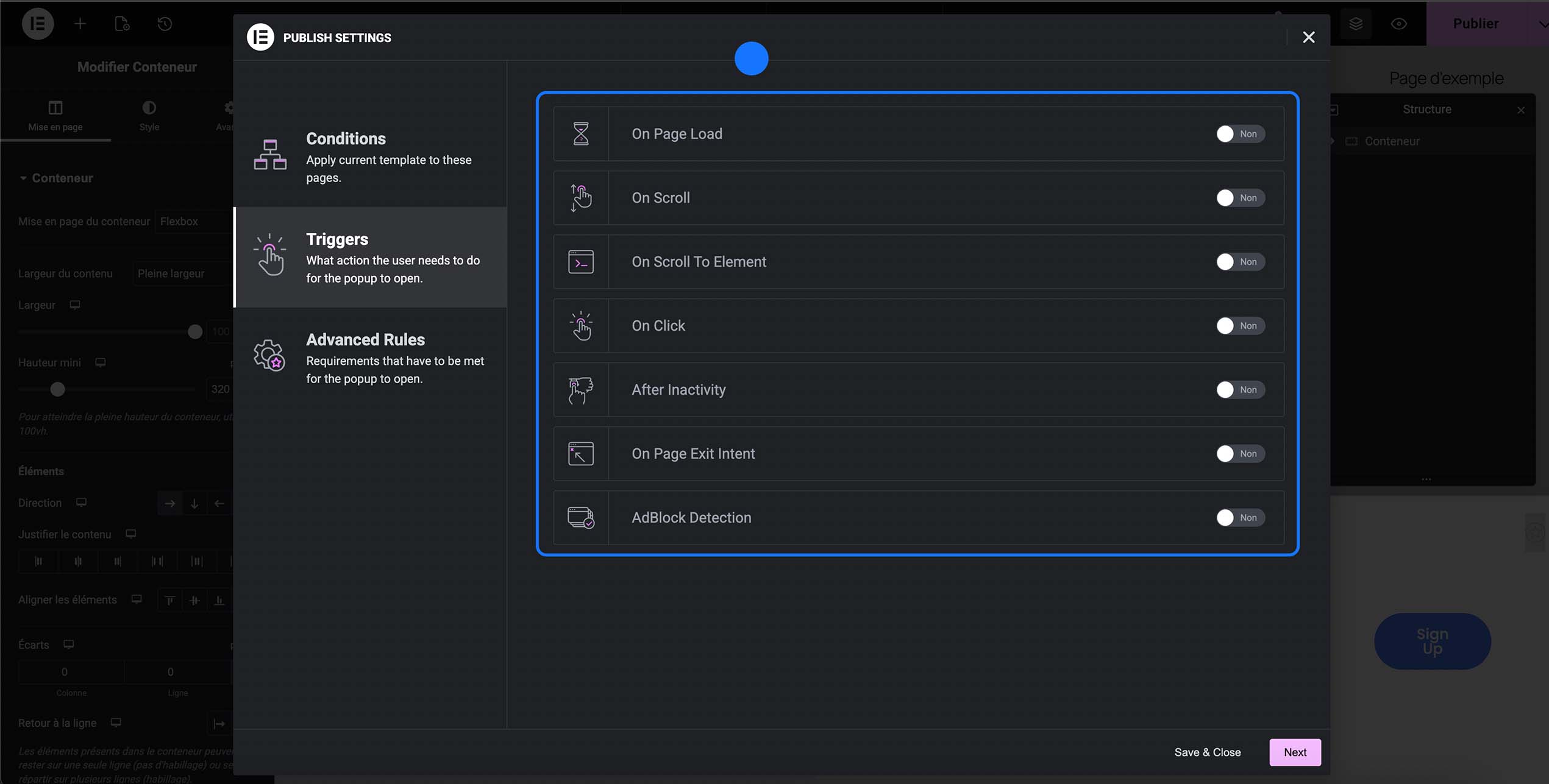 Sélection des déclencheurs d’affichage du popup dans Elementor, permettant d’activer son ouverture selon différents comportements utilisateurs comme le chargement de la page, le scroll, le clic, l’inactivité ou l’intention
