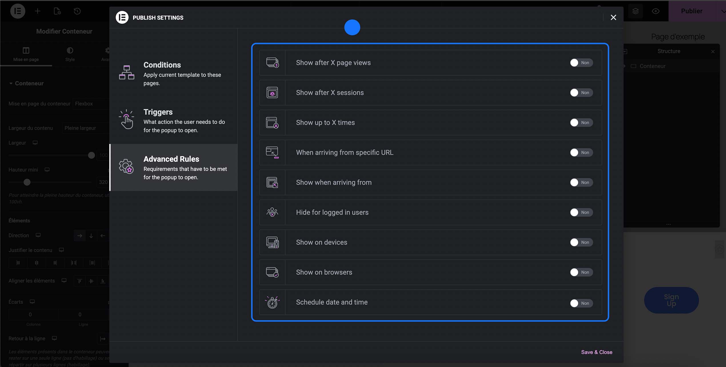 Configuration des règles avancées du popup dans Elementor afin de contrôler précisément son affichage selon le nombre de visites, les sessions, l’URL d’origine, le type d’appareil, le navigateur ou une période de diffusion définie.