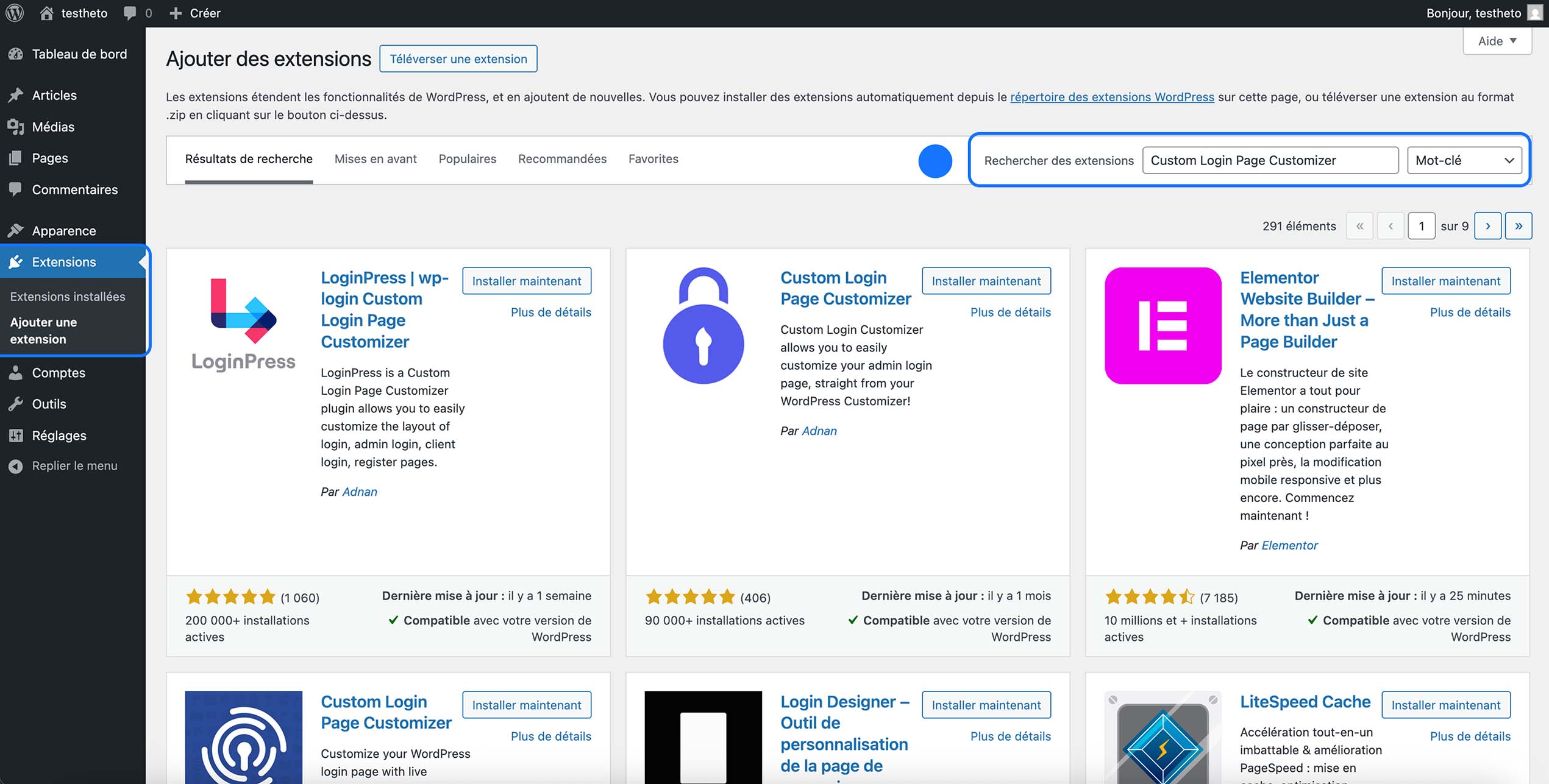 Page “Ajouter des extensions” de WordPress avec une recherche effectuée pour “Custom Login Page Customizer”, affichant les résultats incluant LoginPress, Custom Login Page Customizer et Elementor, avec le champ de recherche et le menu Extensions visibles.