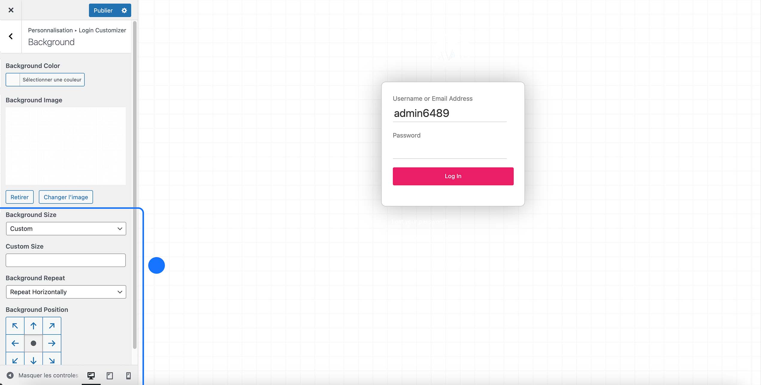 Personnalisation de l’arrière-plan de la page de connexion WordPress avec Login Customizer : choix de la couleur ou d’une image de fond, réglage de la taille, de la répétition et de la position de l’arrière-plan.