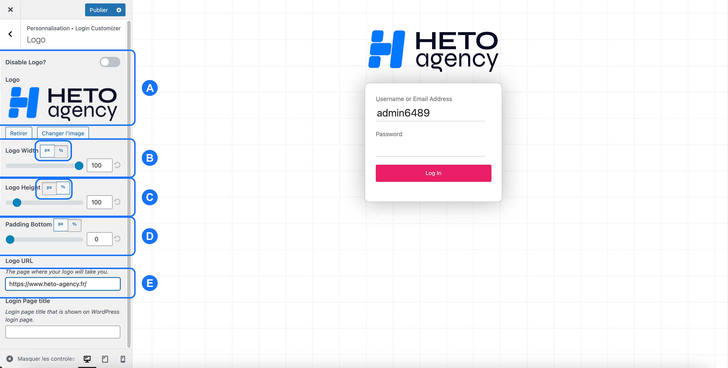 Personnalisation du logo sur la page de connexion WordPress avec Login Customizer : ajout du logo HETO Agency, réglage de la largeur, hauteur, espacement inférieur et URL de redirection du logo vers le site officiel.