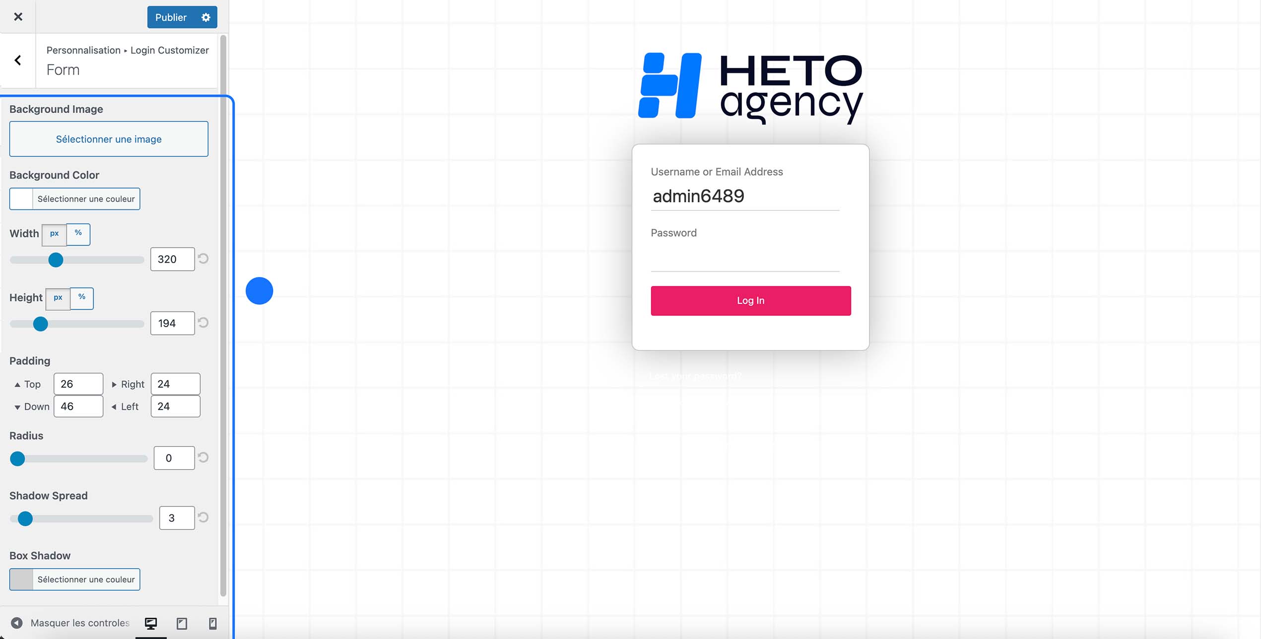 Personnalisation du formulaire de connexion WordPress avec Login Customizer : réglages de l’arrière-plan, largeur, hauteur, padding, rayon des coins et ombre portée, avec aperçu du formulaire “Log In” sur la page de connexion HETO Agency.
