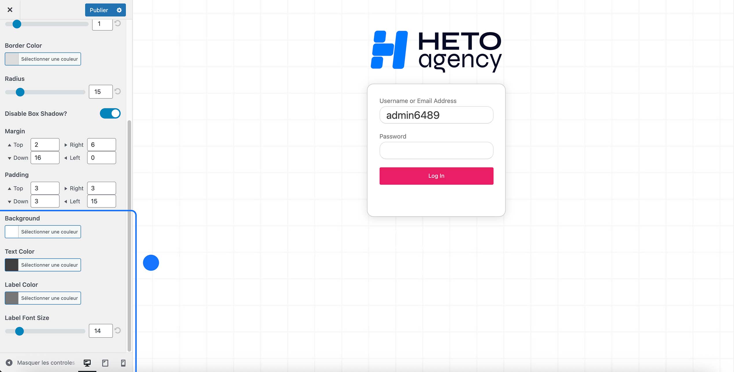 Personnalisation avancée du bouton de connexion WordPress dans Login Customizer : réglages des marges, padding, rayon des bordures, couleurs de fond et de texte, avec aperçu du bouton “Log In” rose sur la page de connexion HETO Agency.