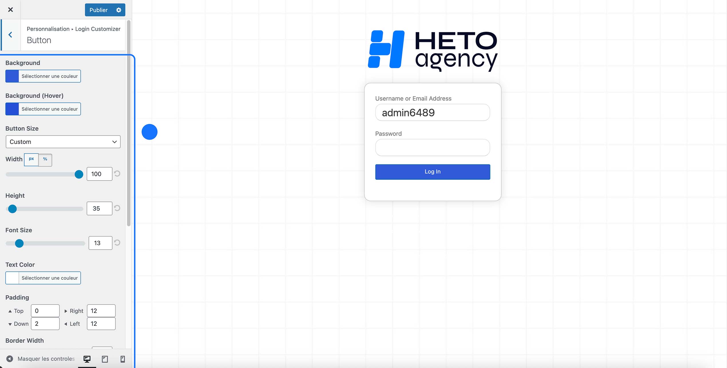 Personnalisation du bouton de connexion dans le plugin WordPress Login Customizer : réglages de couleur de fond, effet hover, largeur, hauteur, taille de police et padding, avec aperçu du bouton “Log In” sur la page de connexion HETO Agency.