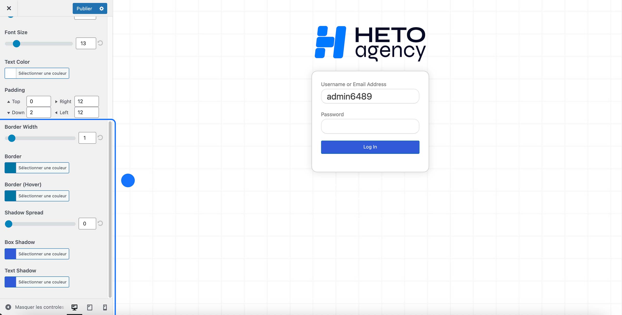 Réglages de style des champs de formulaire dans le plugin WordPress Login Customizer : taille de police, padding, largeur et couleur de bordure, ombre et effet hover, avec aperçu du formulaire de connexion personnalisé HETO Agency.