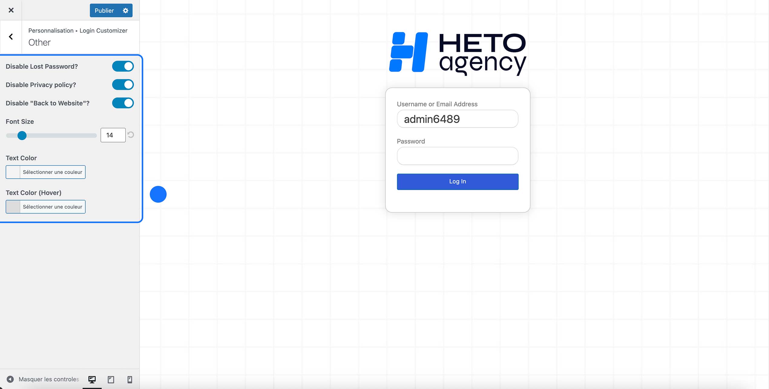 Paramètres “Other” du plugin WordPress Login Customizer permettant de désactiver mot de passe oublié, politique de confidentialité et lien “Retour au site”, avec réglages de taille et couleur du texte, aperçu du formulaire de connexion personnalisé HETO Agency.