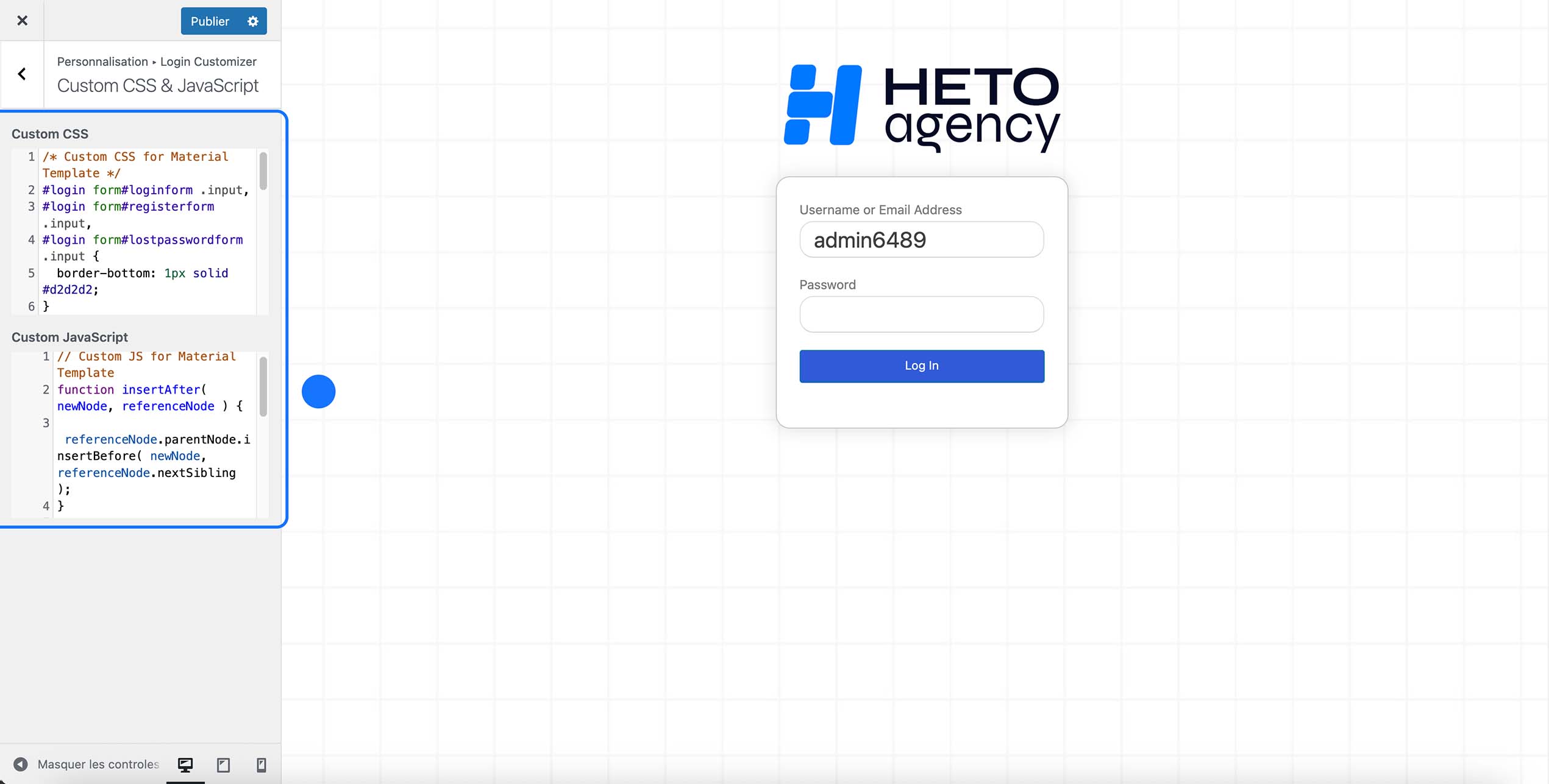 Éditeur WordPress Login Customizer affichant du CSS et JavaScript personnalisés pour styliser le formulaire de connexion, avec aperçu du login WordPress brandé HETO Agency.