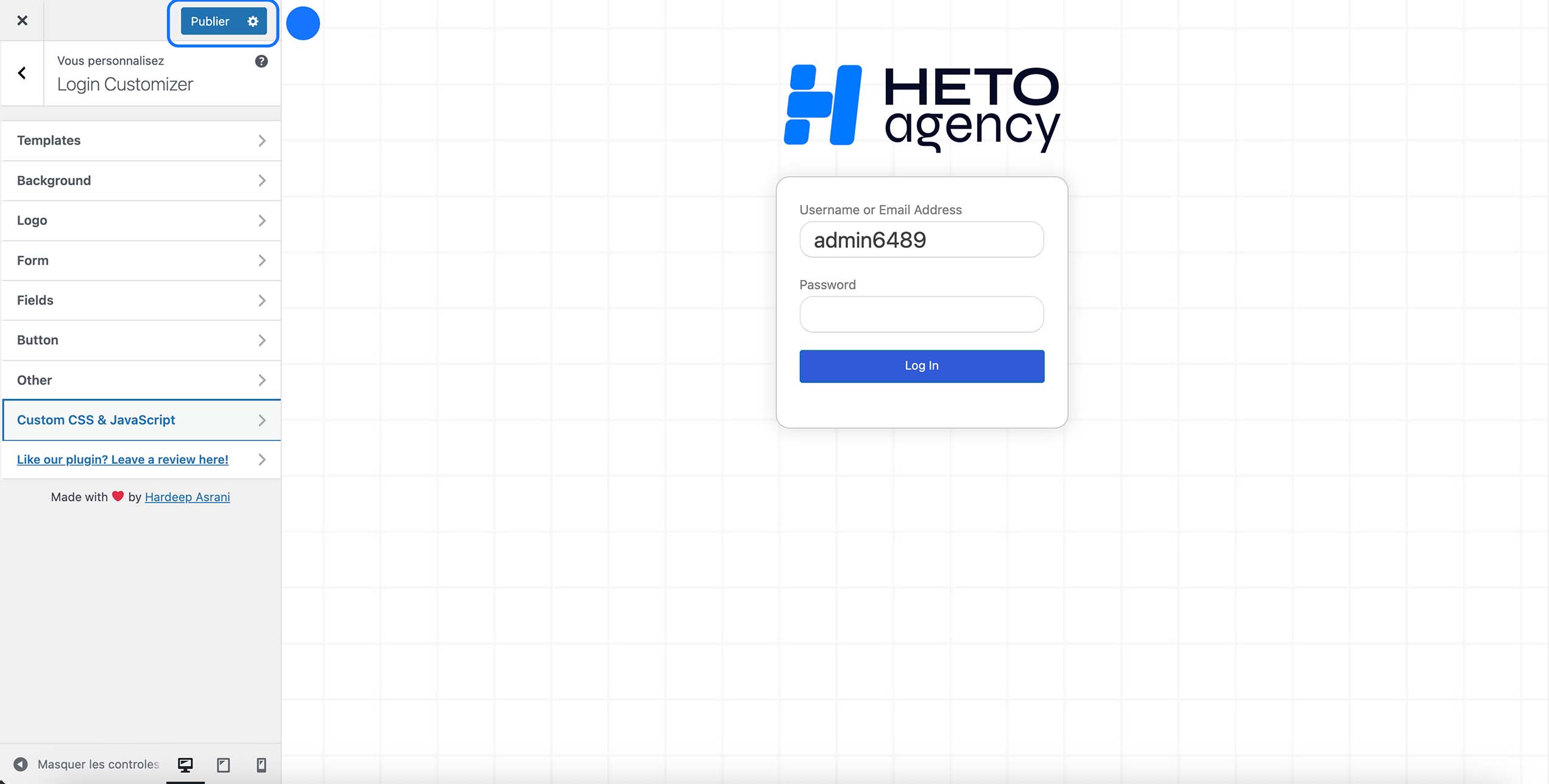 Interface du plugin WordPress Login Customizer montrant les options de personnalisation (templates, fond, logo, formulaire, boutons) avec aperçu du formulaire de connexion personnalisé HETO Agency et bouton “Publier”.