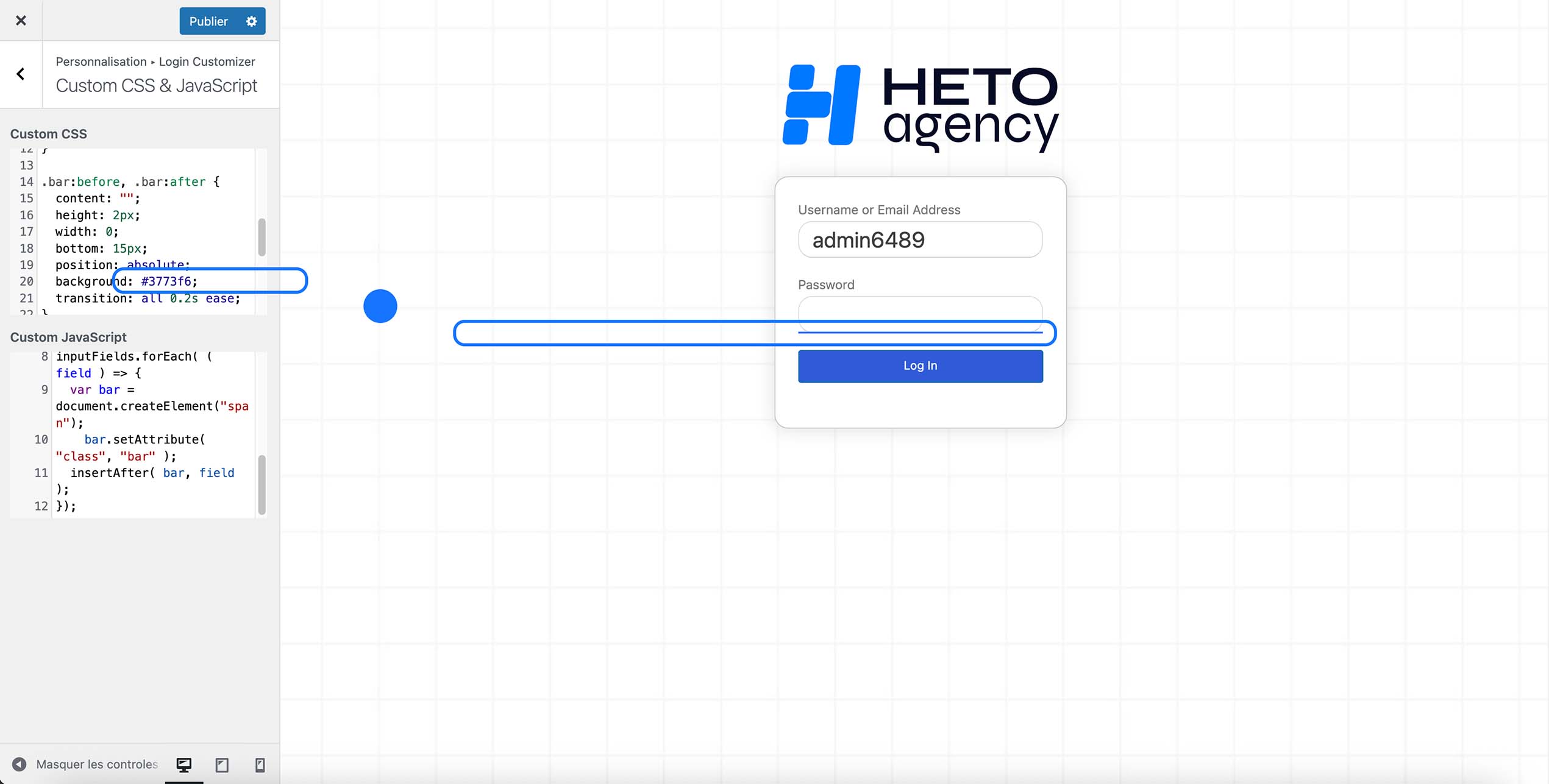 Interface WordPress Login Customizer affichant du CSS et JavaScript personnalisés, avec mise en surbrillance de la couleur (#3773f6) appliquée aux champs du formulaire de connexion HETO Agency.
