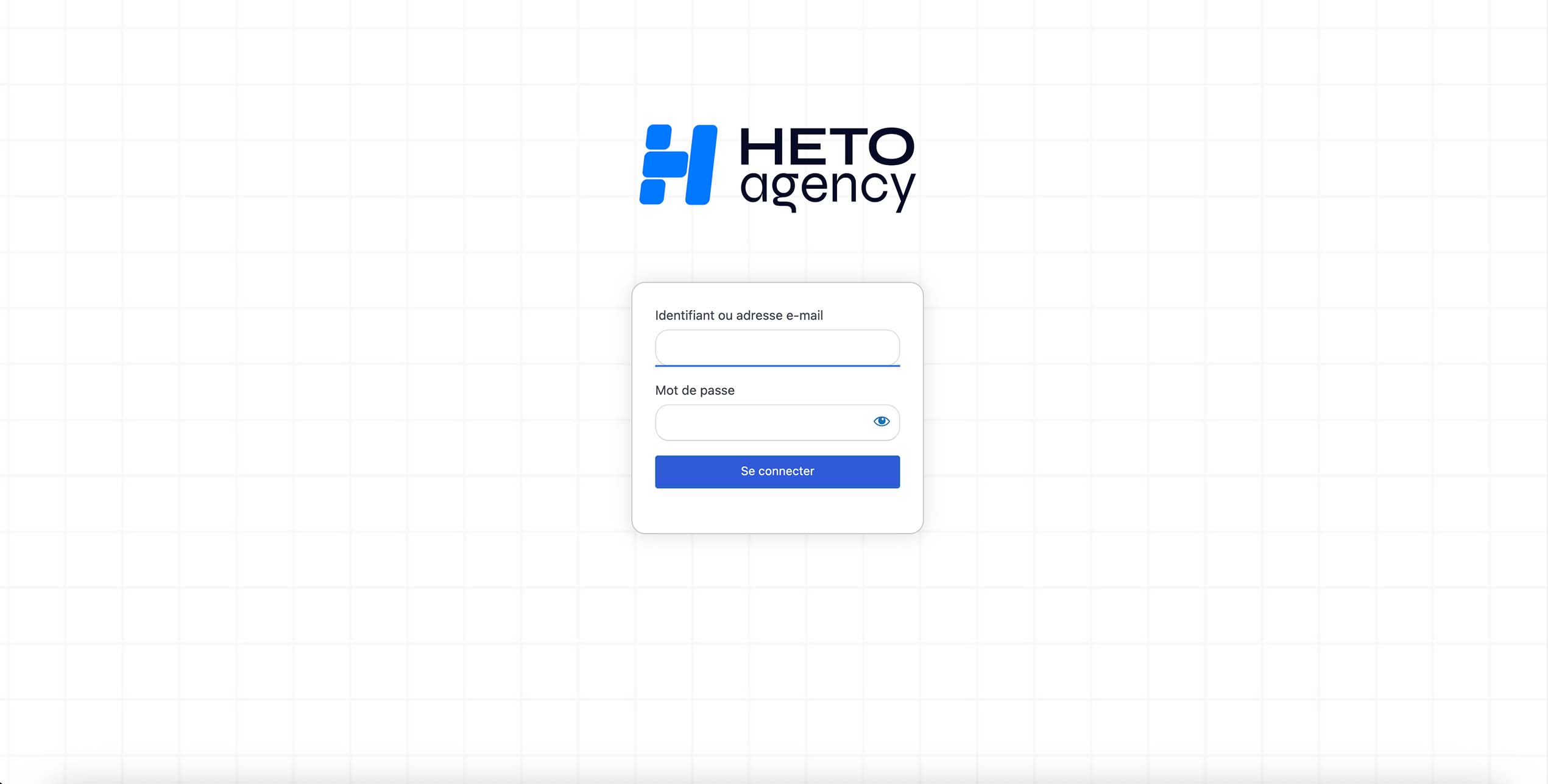 Page de connexion HETO Agency avec formulaire d’identification (email, mot de passe) et bouton « Se connecter ».