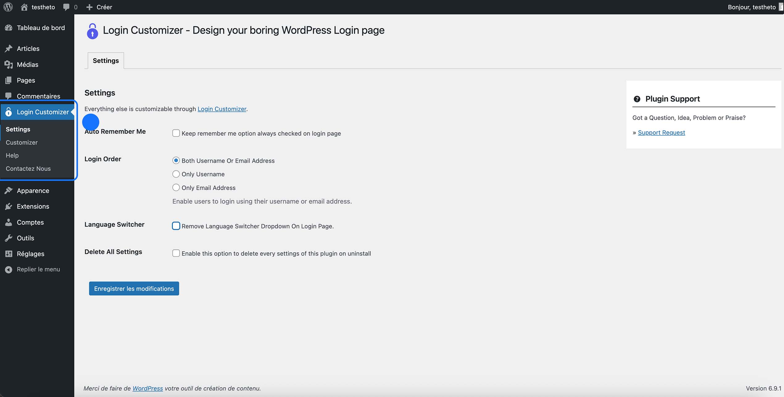Page des réglages du plugin Login Customizer dans l’administration WordPress, montrant les options de connexion : activation de “Remember Me”, choix du mode de connexion (nom d’utilisateur et/ou adresse e-mail), gestion du sélecteur de langue et suppression des paramètres lors de la désinstallation du plugin.