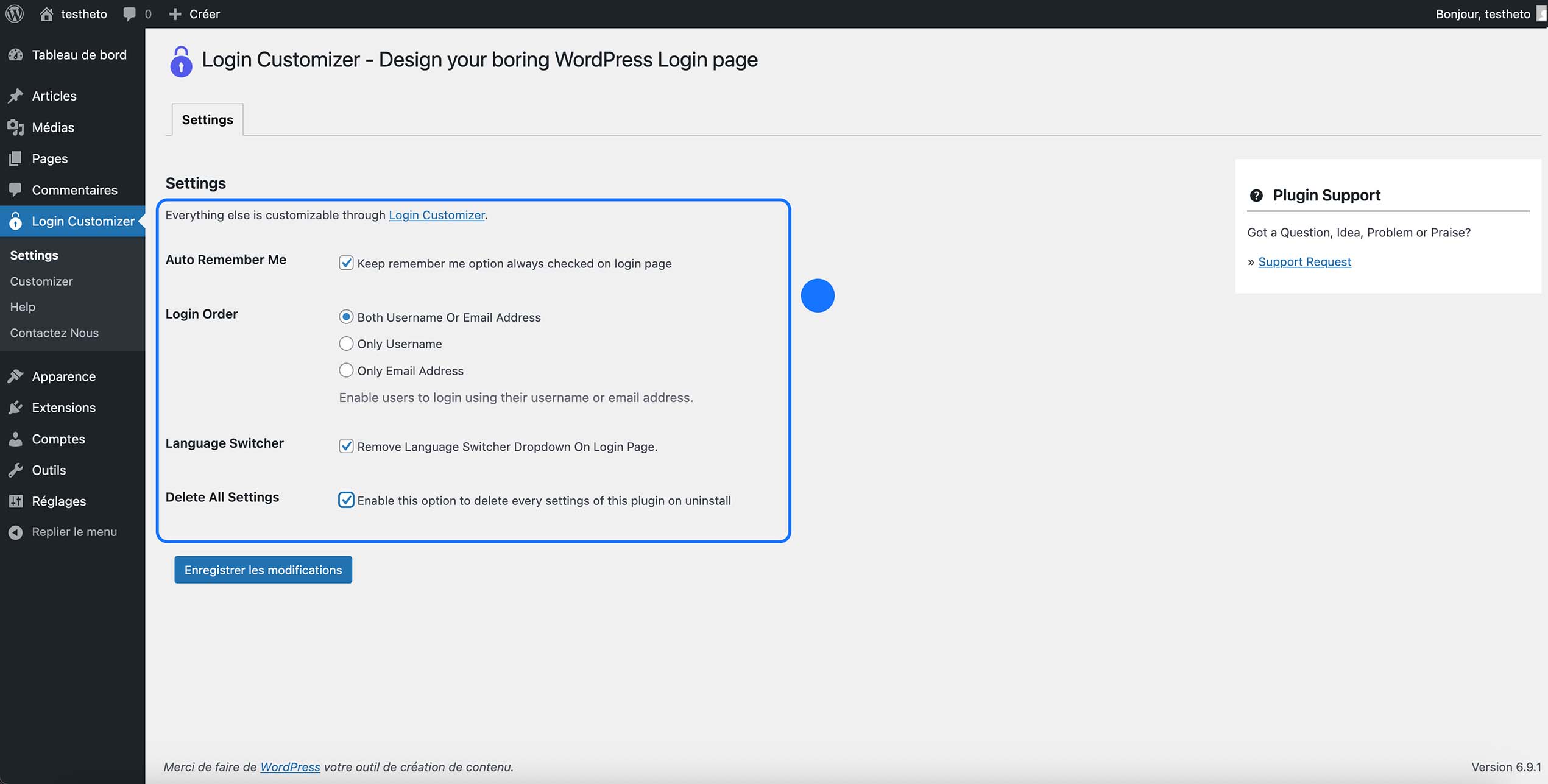 Écran des paramètres du plugin Login Customizer dans le tableau de bord WordPress, affichant les options de connexion : mémorisation automatique (“Remember Me”), méthode d’identification (nom d’utilisateur ou email), suppression du sélecteur de langue et réinitialisation des réglages lors de la désinstallation.