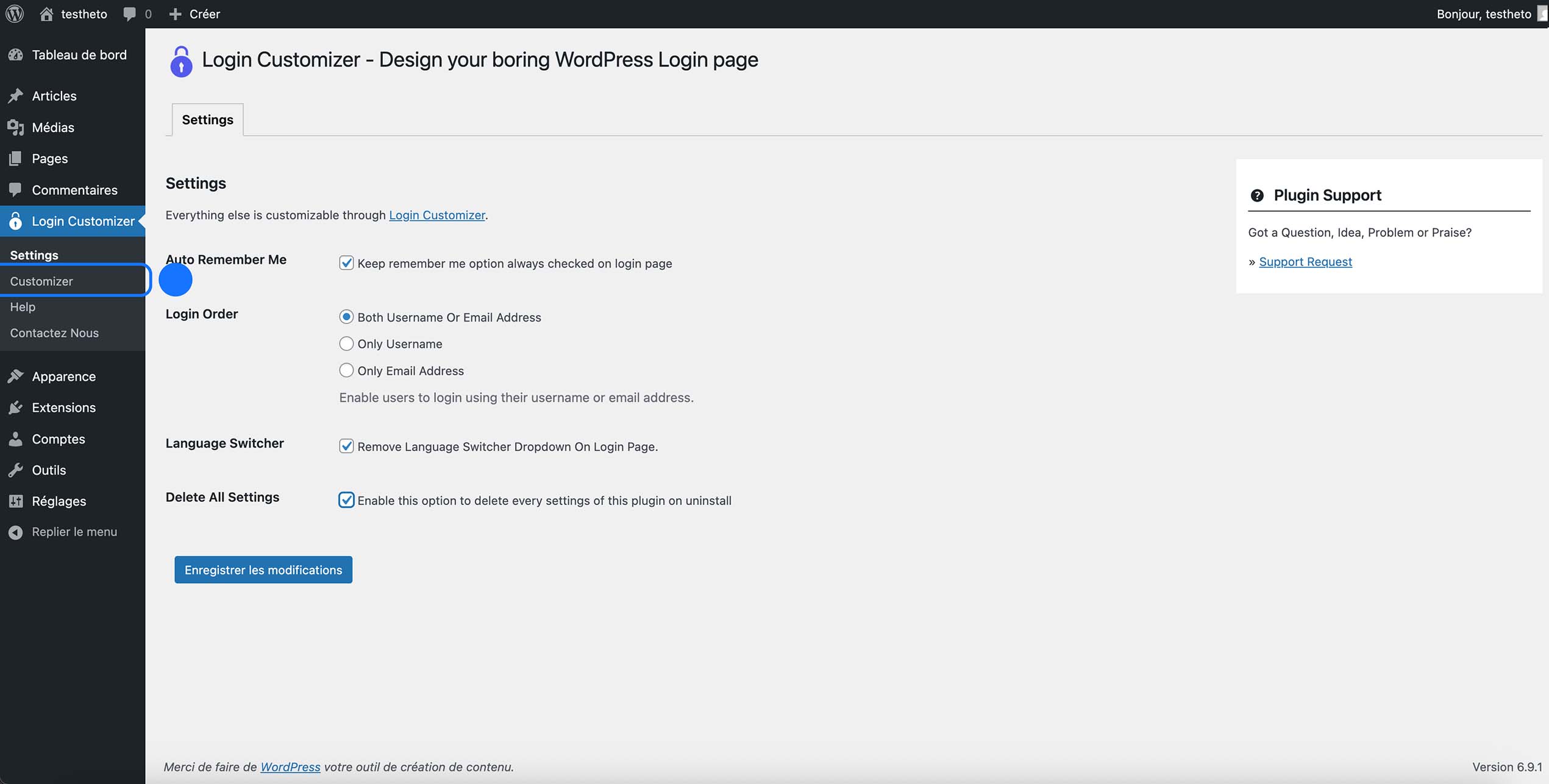 Page des réglages du plugin Login Customizer dans le tableau de bord WordPress, avec options de connexion comme “Remember Me”, méthode d’identification (nom d’utilisateur ou email), suppression du sélecteur de langue et paramètres de désinstallation.