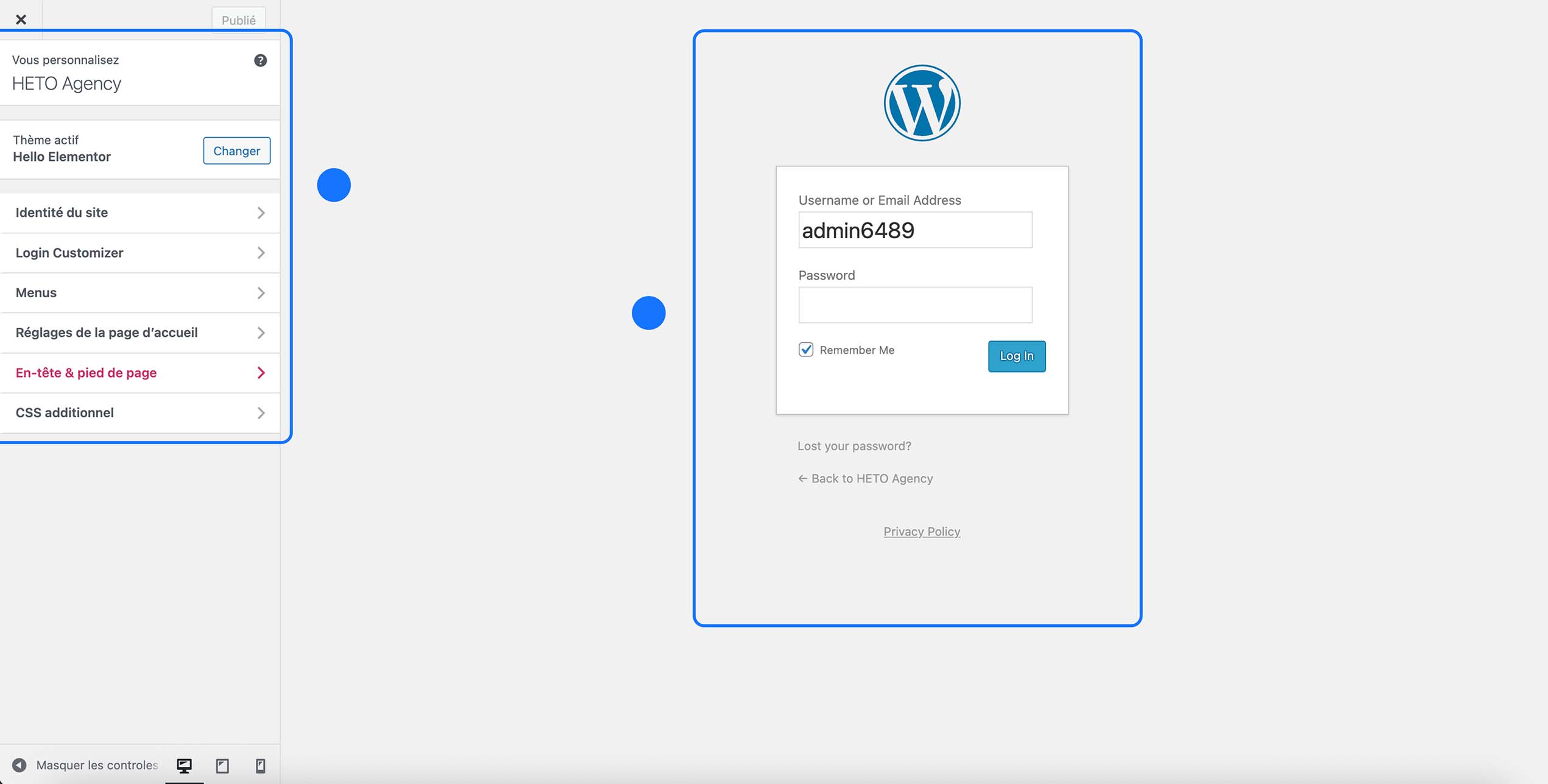 Personnalisation du site WordPress via le Customizer avec accès au Login Customizer et aperçu de la page de connexion administrateur.