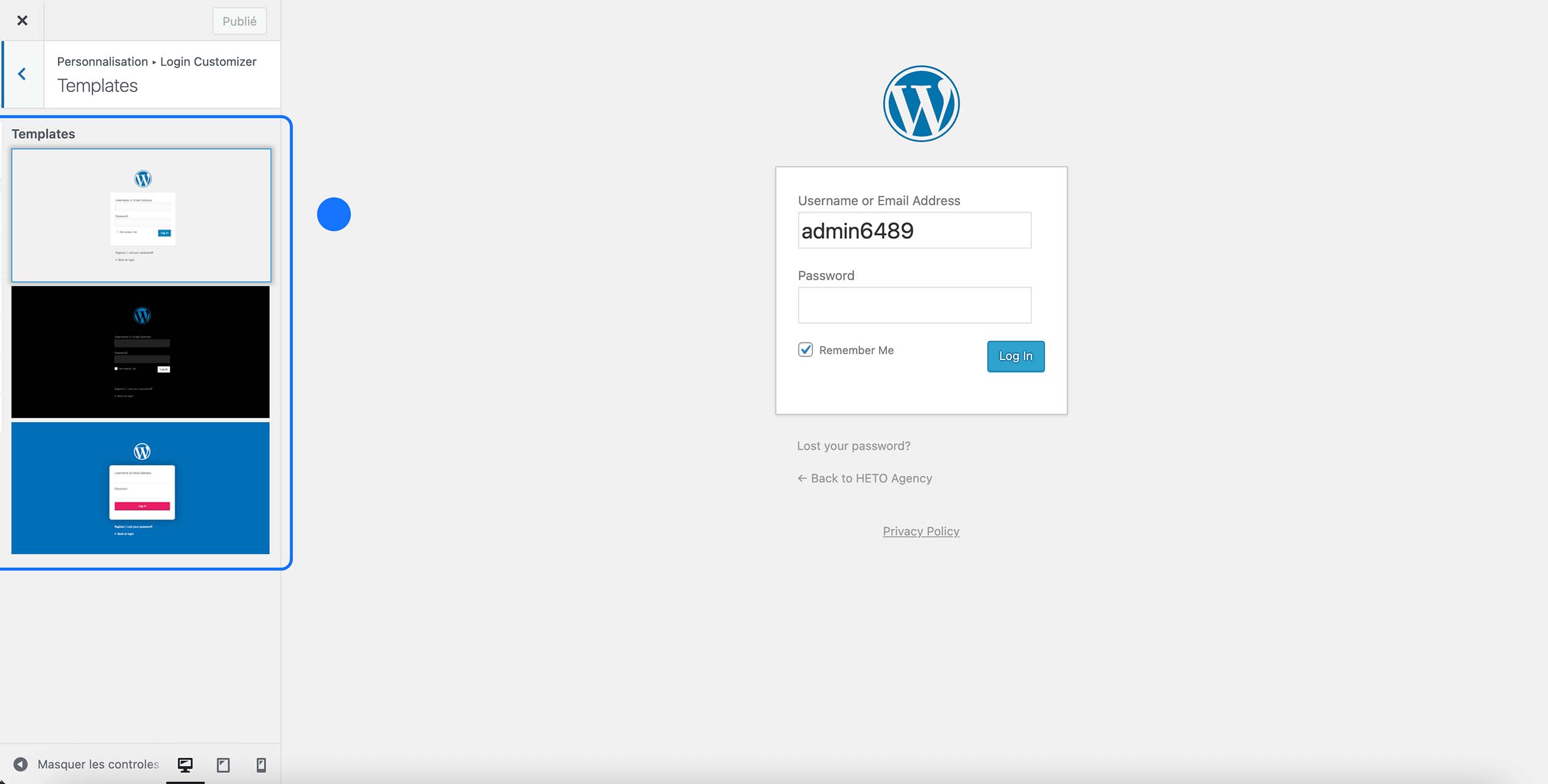 Sélection d’un template de page de connexion WordPress dans le plugin Login Customizer, avec aperçu du formulaire de login.