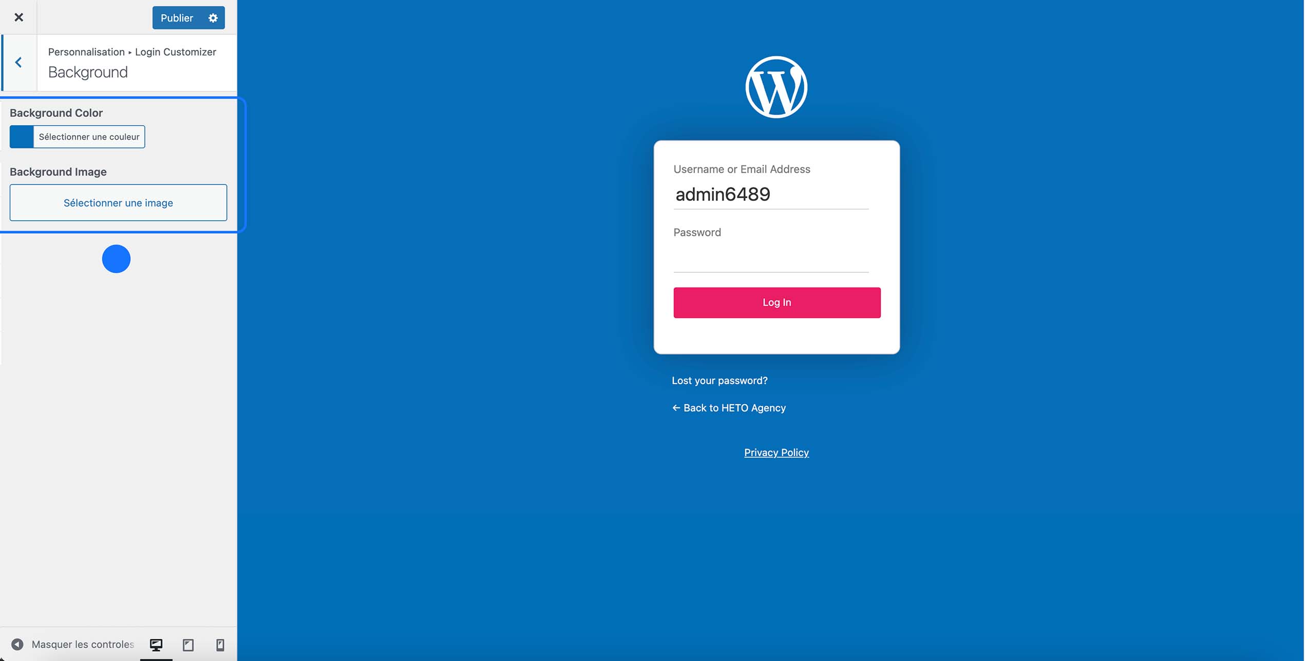 Écran de personnalisation du fond de la page de connexion WordPress avec arrière-plan bleu et formulaire de login.