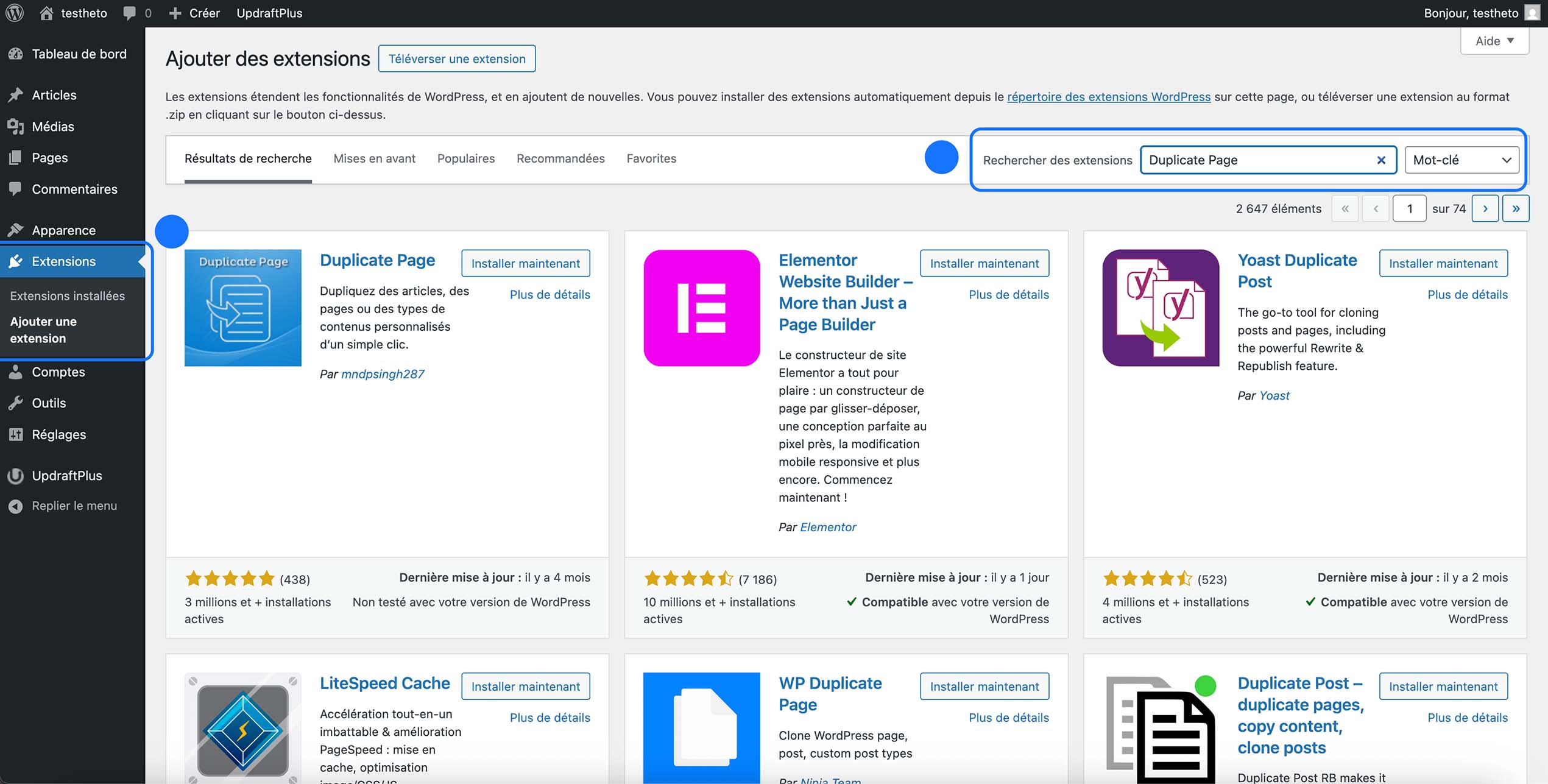 Capture d’écran de la recherche d’extensions WordPress pour « Duplicate Page » afin d’installer le plugin de duplication de contenus.