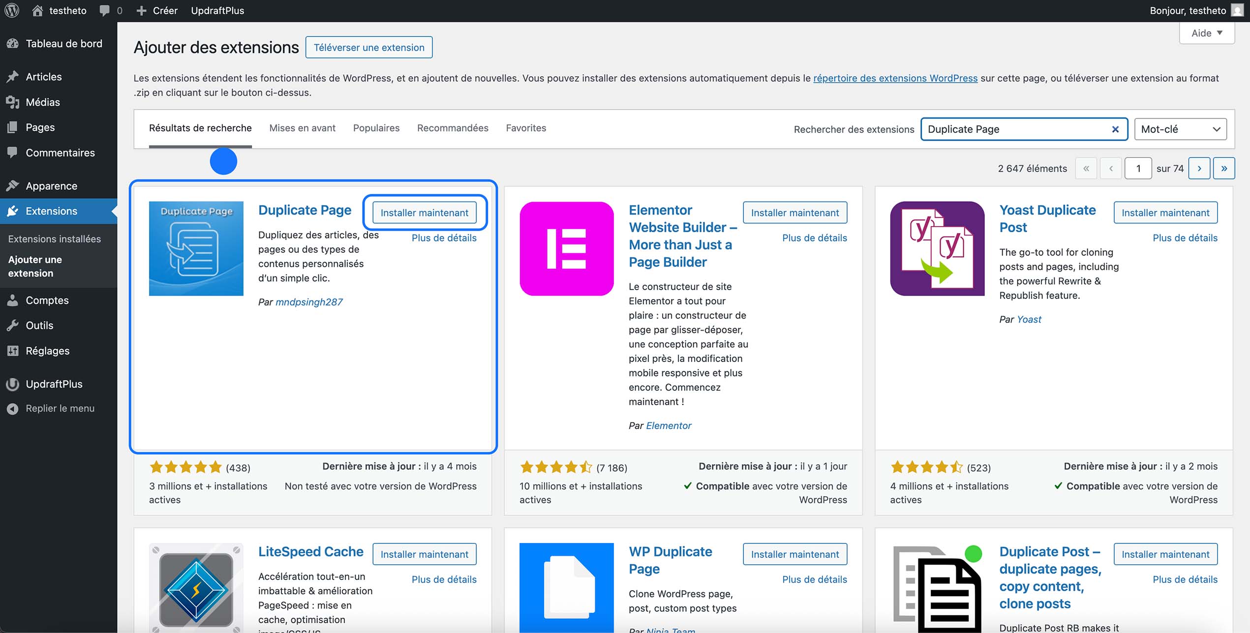 Capture d’écran du répertoire des extensions WordPress affichant le plugin Duplicate Page avec le bouton Installer maintenant pour cloner des pages.