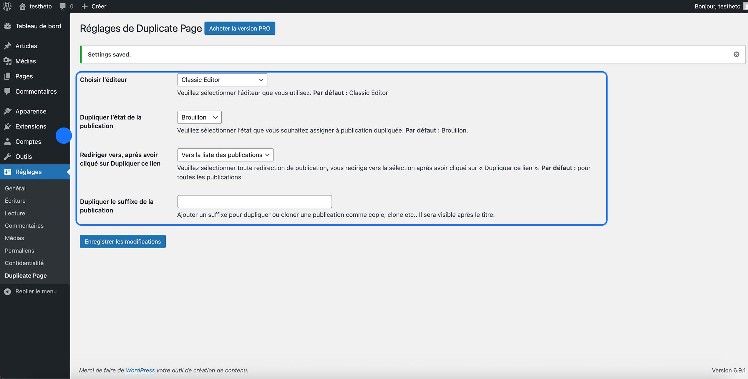 Capture d’écran des réglages du plugin Duplicate Page dans WordPress pour définir l’éditeur, l’état du duplicata et les options de redirection.