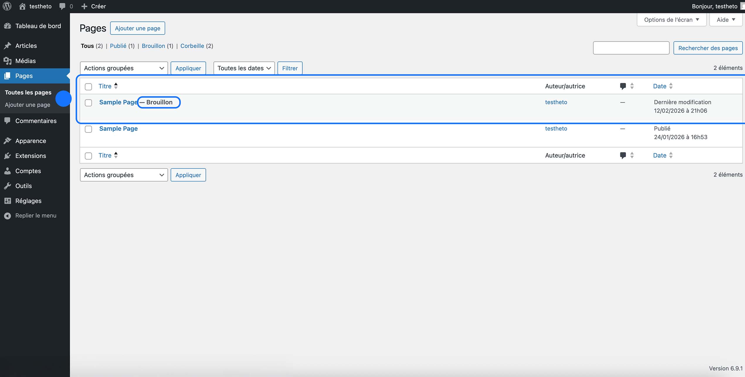 Capture d’écran de la liste des pages WordPress montrant une page en brouillon et une page publiée dans l’administration.