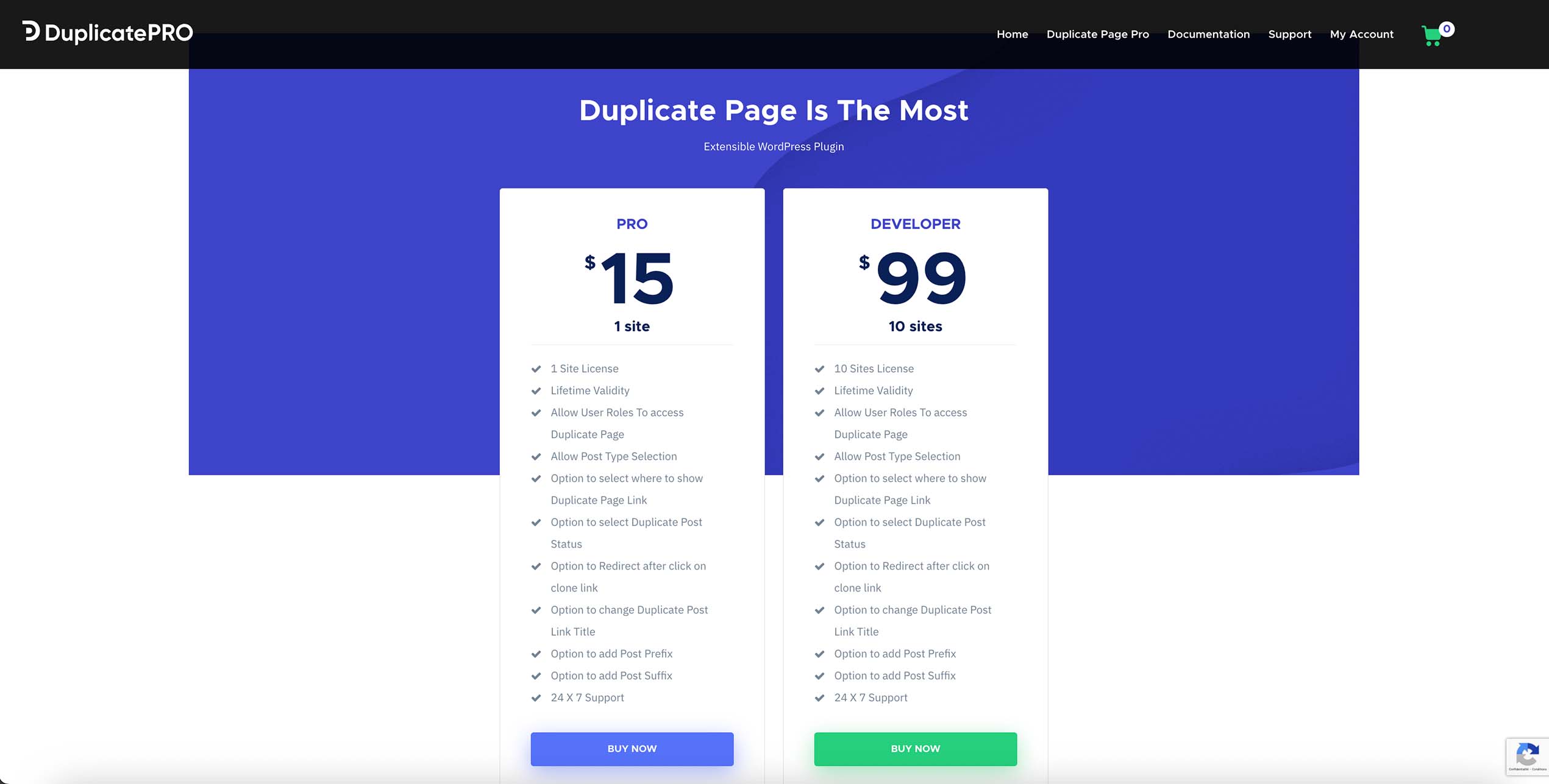 Capture d’écran du site Duplicate Page Pro présentant les offres tarifaires Pro et Developer pour dupliquer des pages WordPress.