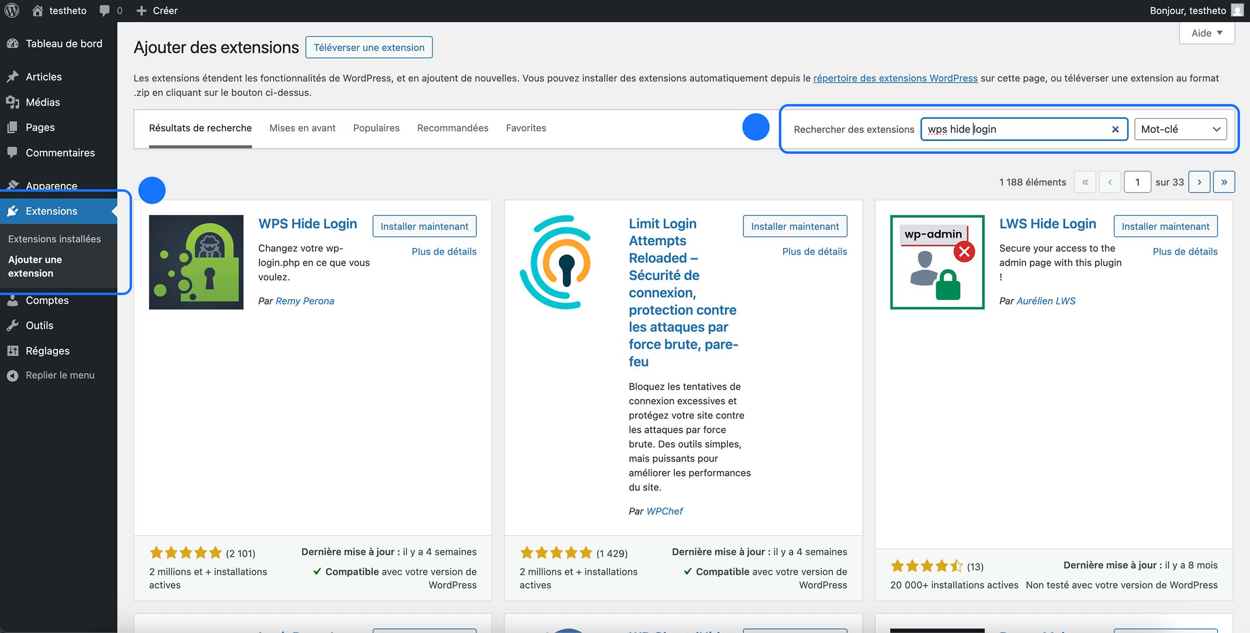 Recherche du plugin WPS Hide Login dans la page Ajouter des extensions de WordPress.
