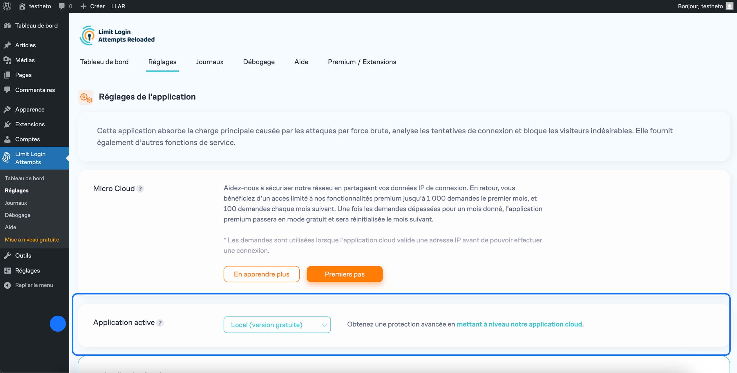 Sélection du mode application active (local version gratuite) dans Limit Login Attempts sur WordPress.