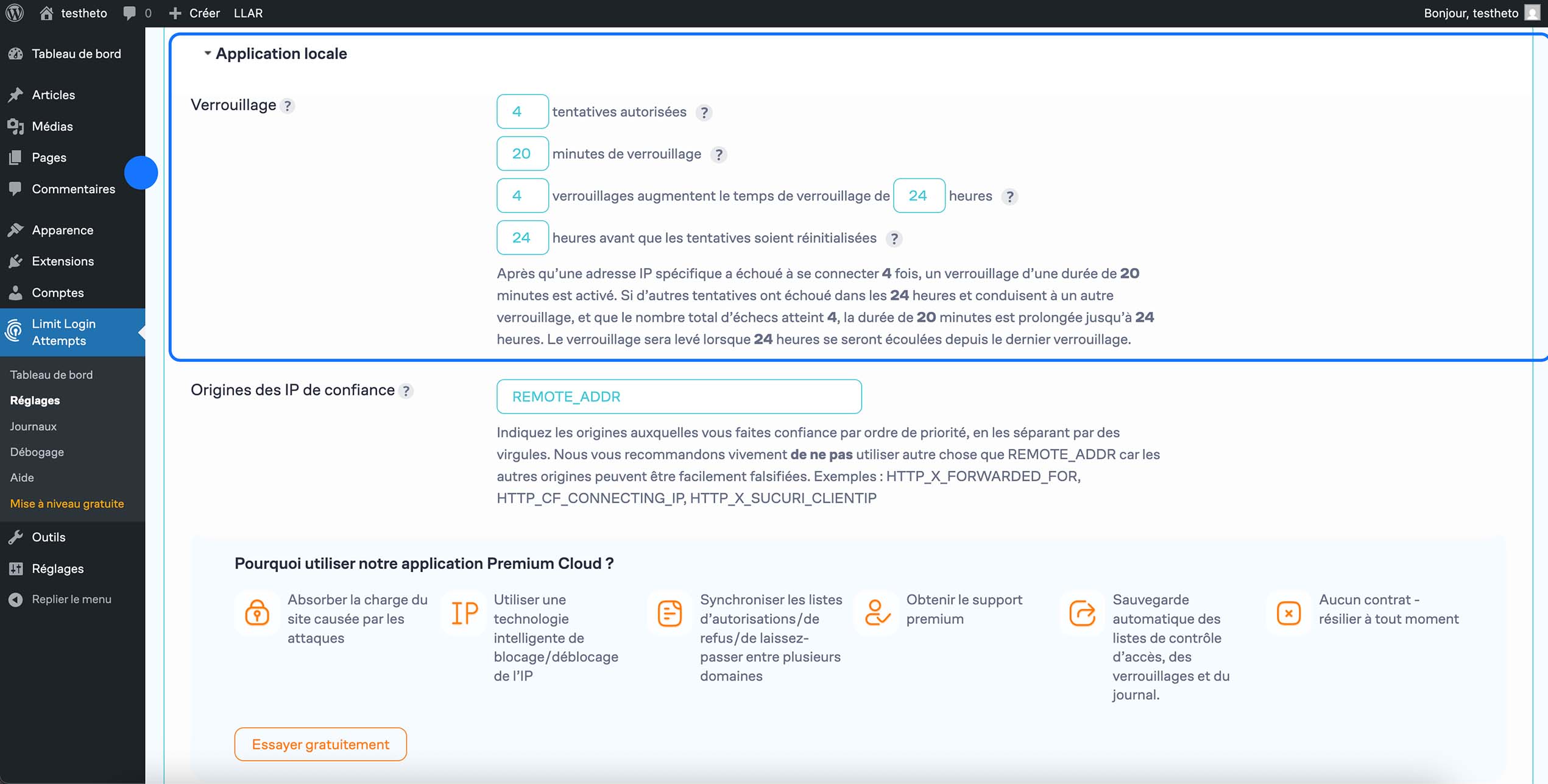 Paramètres de tentatives de connexion et durée de verrouillage dans Limit Login Attempts sur WordPress.