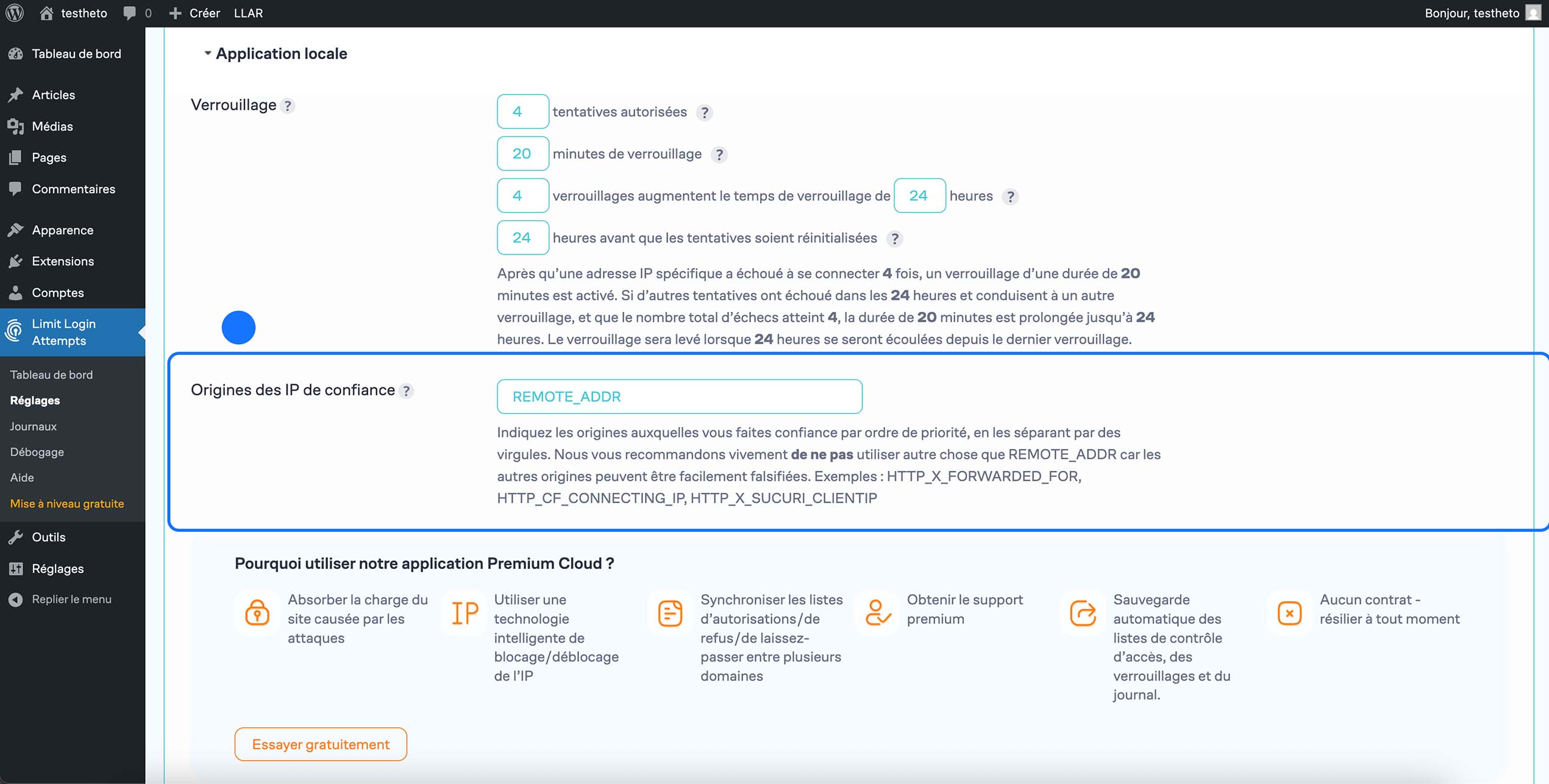 Paramètres de verrouillage et définition des origines IP de confiance dans Limit Login Attempts sur WordPress.