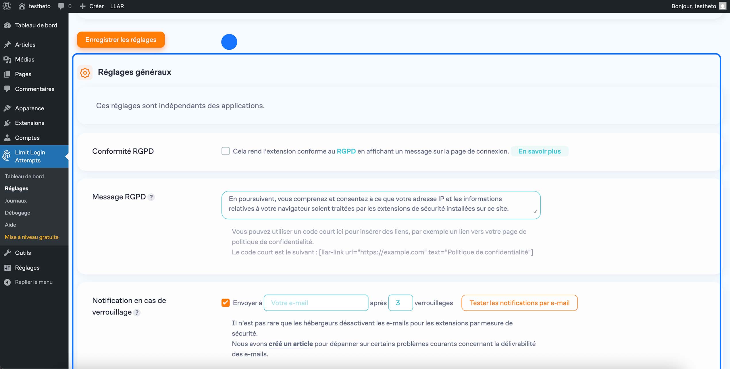 Réglages généraux de Limit Login Attempts dans WordPress avec les options RGPD et les notifications en cas de verrouillage.