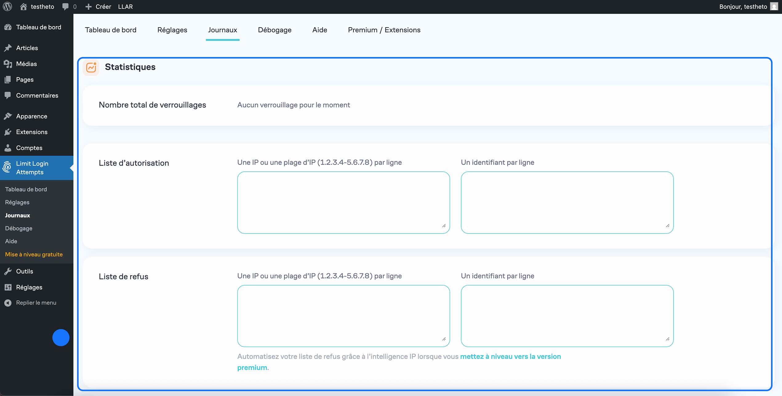 Page Statistiques de l’extension Limit Login Attempts dans WordPress avec les listes d’autorisation et de refus d’adresses IP.