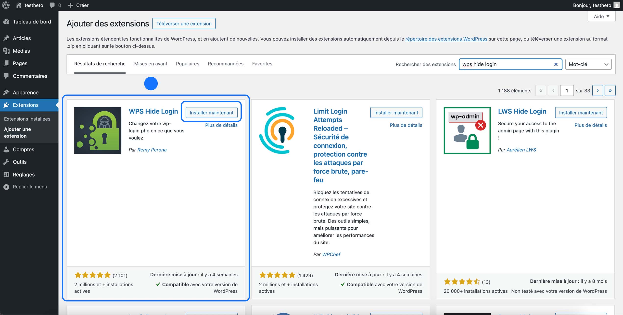 Résultats de recherche d’extensions WordPress montrant le plugin WPS Hide Login avec le bouton Installer maintenant.