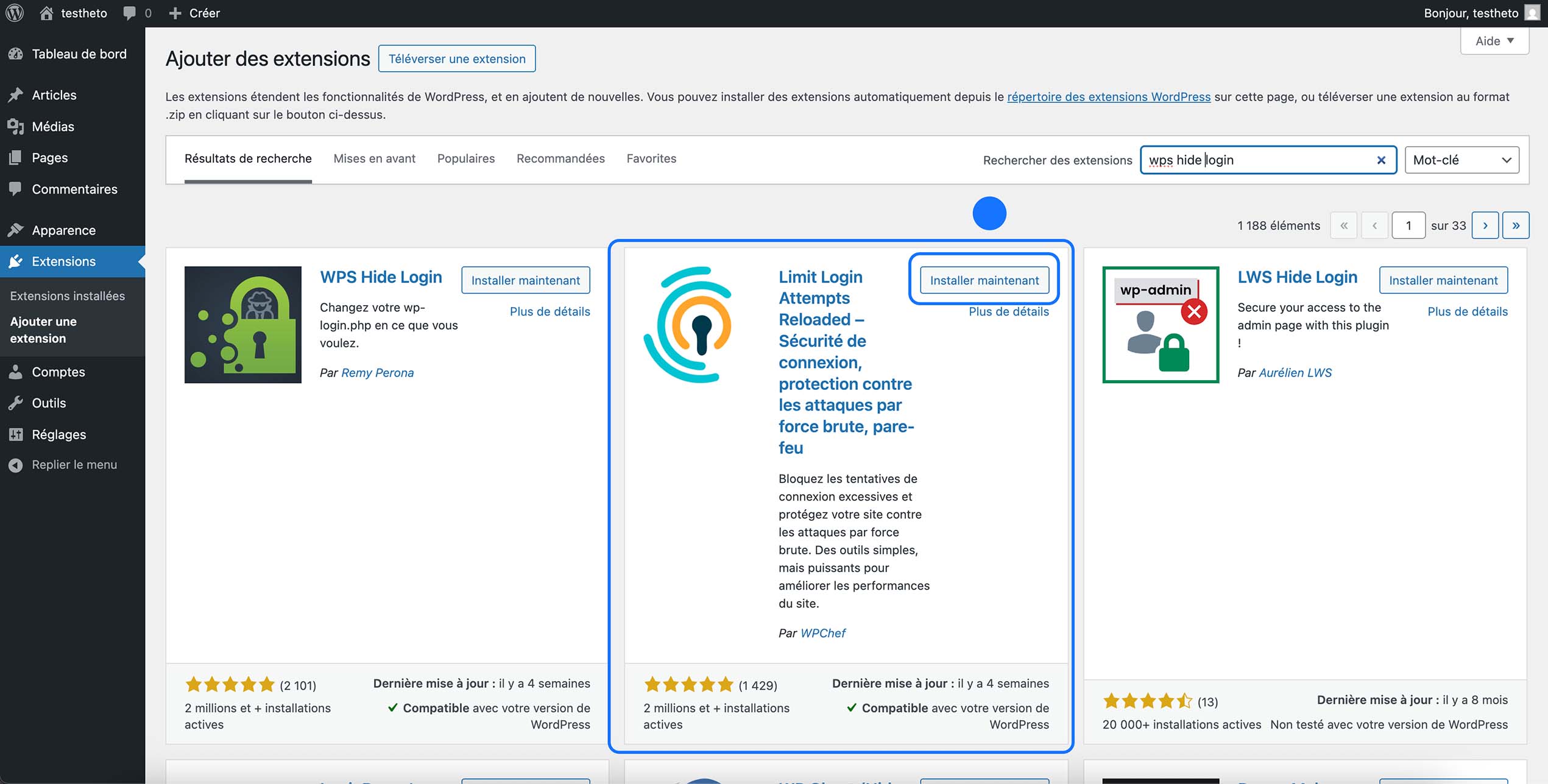 Résultats de recherche d’extensions WordPress affichant le plugin Limit Login Attempts Reloaded avec le bouton Installer maintenant.