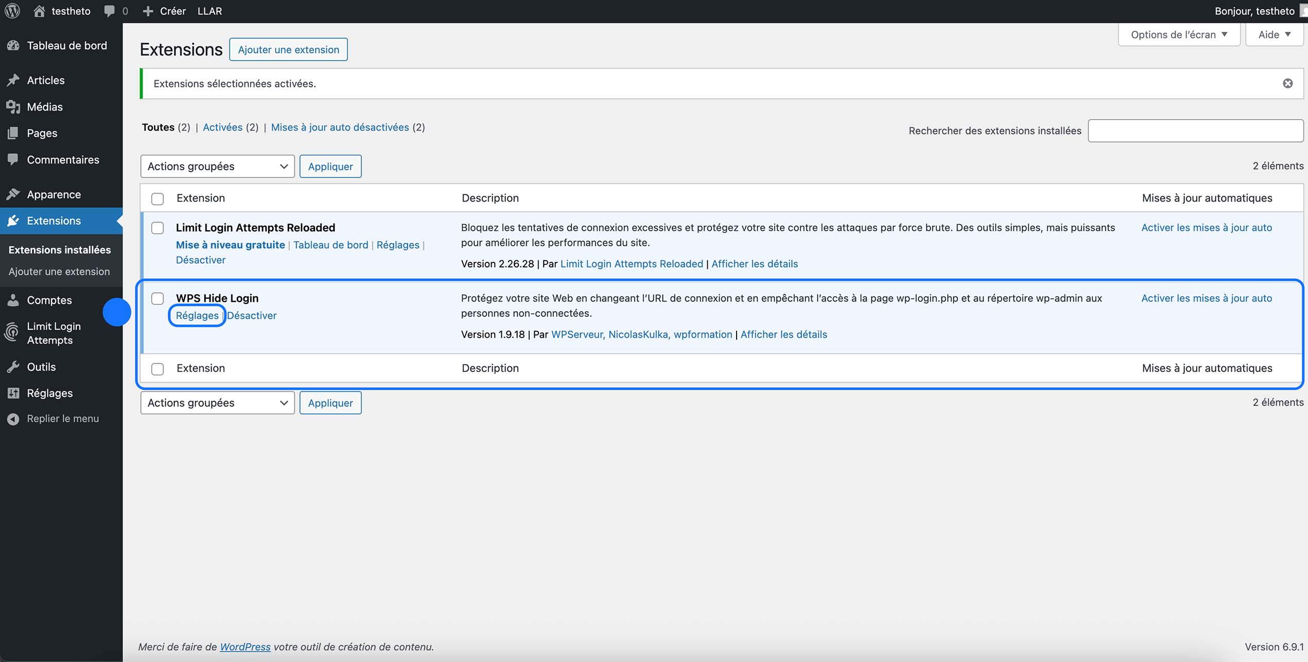 Page des extensions WordPress avec accès aux réglages du plugin WPS Hide Login.