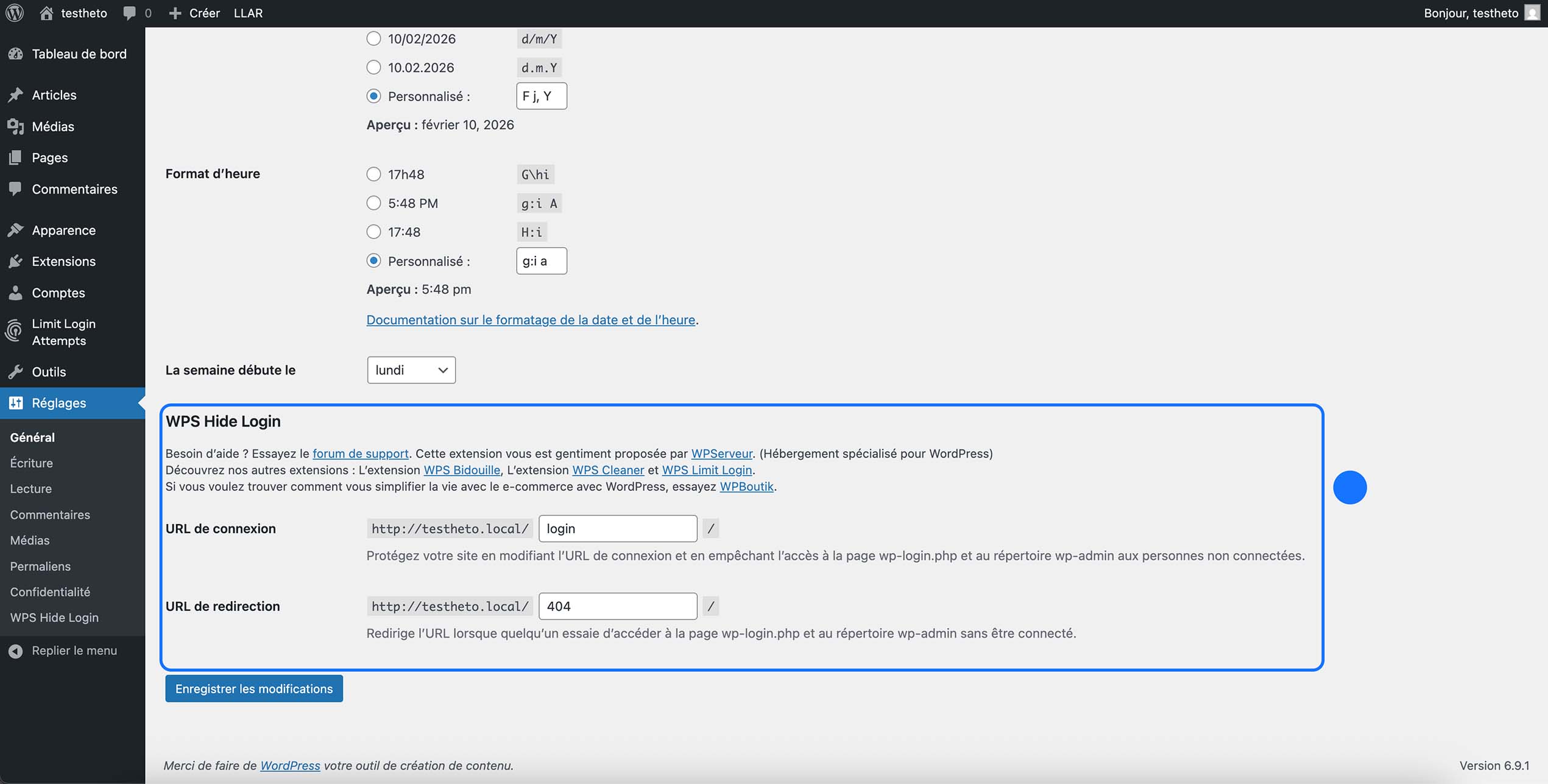 Paramètres du plugin WPS Hide Login dans WordPress avec personnalisation de l’URL de connexion et redirection vers une page 404.