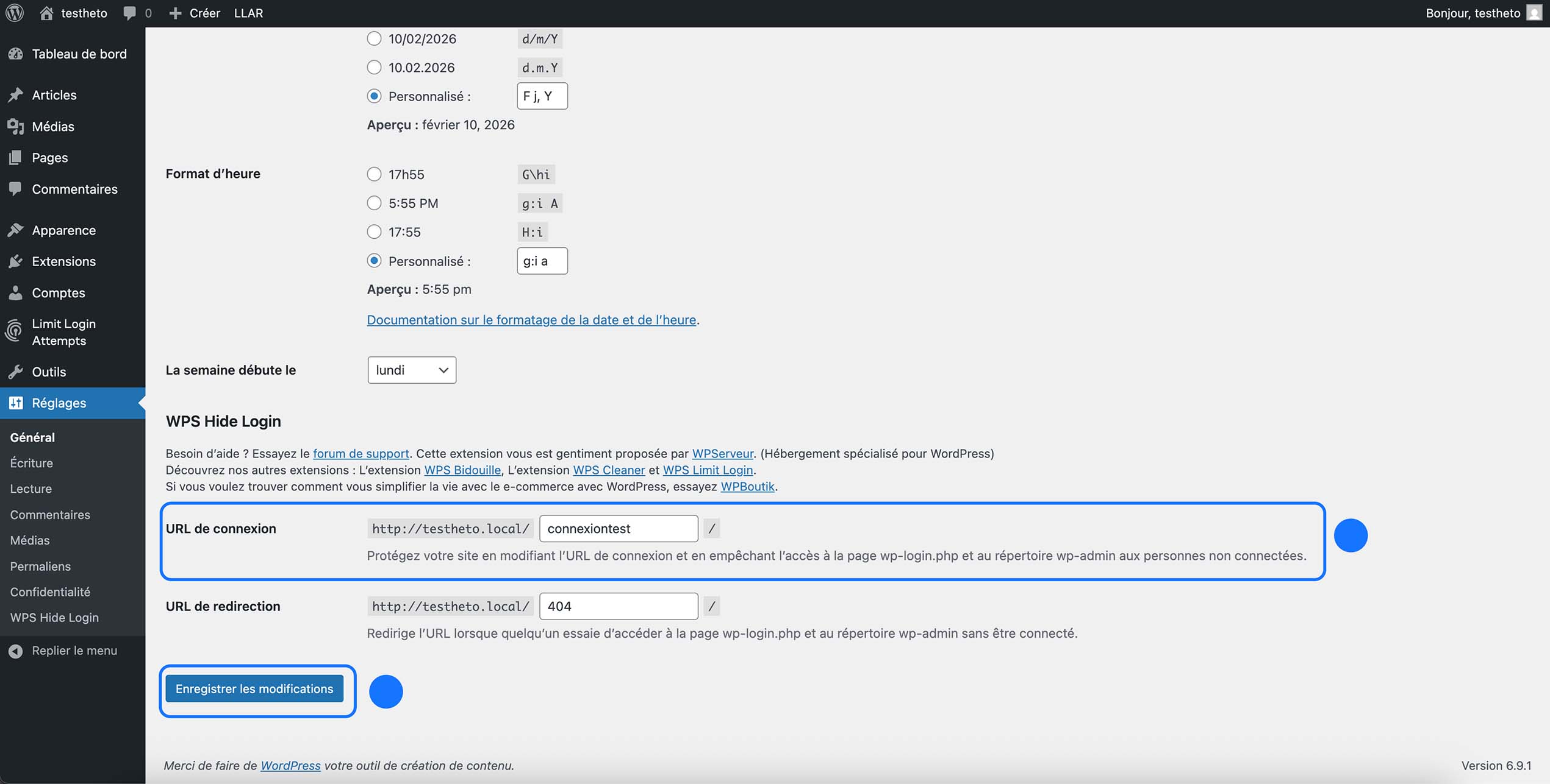 Réglages du plugin WPS Hide Login dans WordPress pour personnaliser l’URL de connexion.