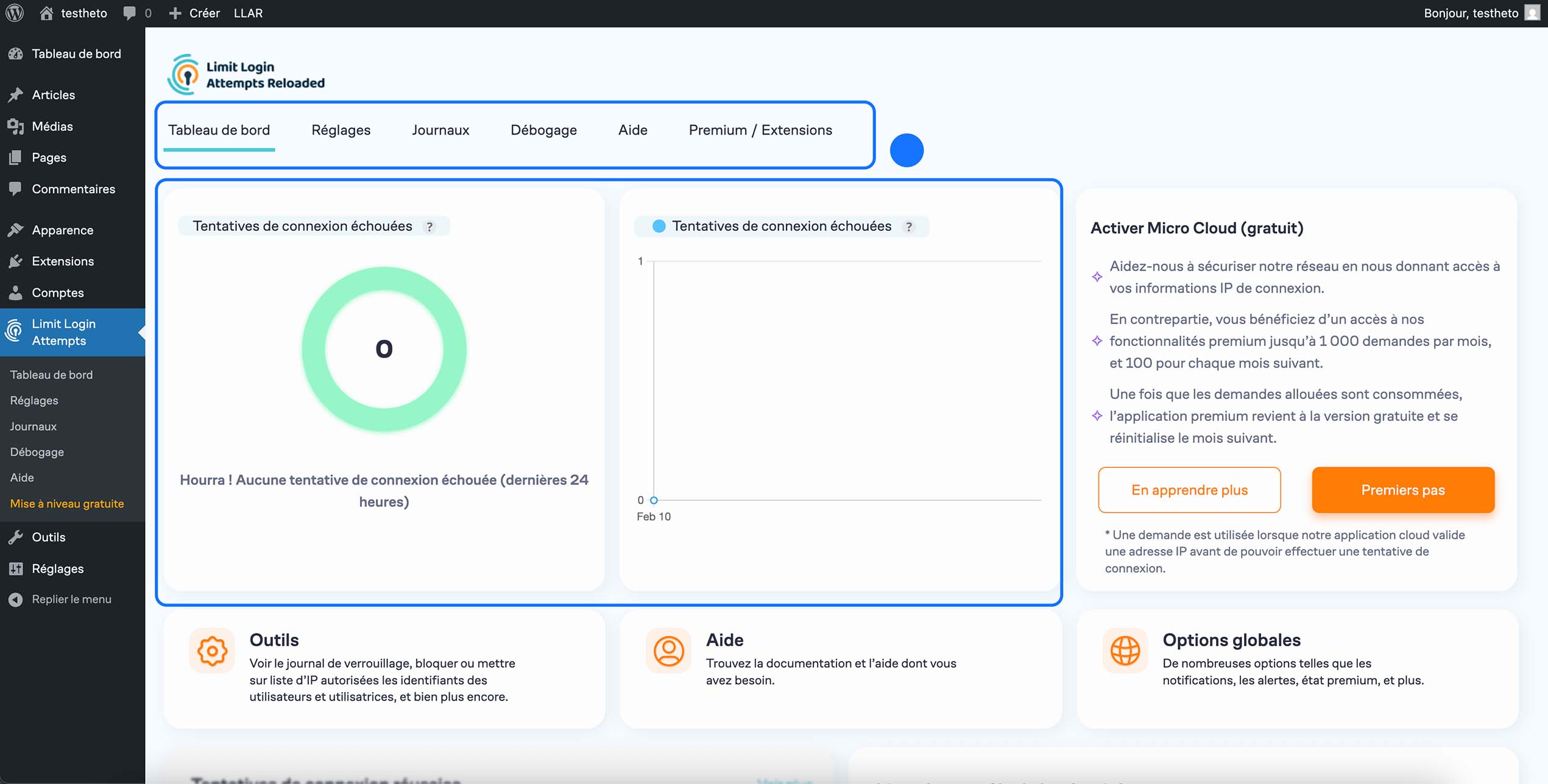 Tableau de bord du plugin Limit Login Attempts affichant zéro tentative de connexion échouée.