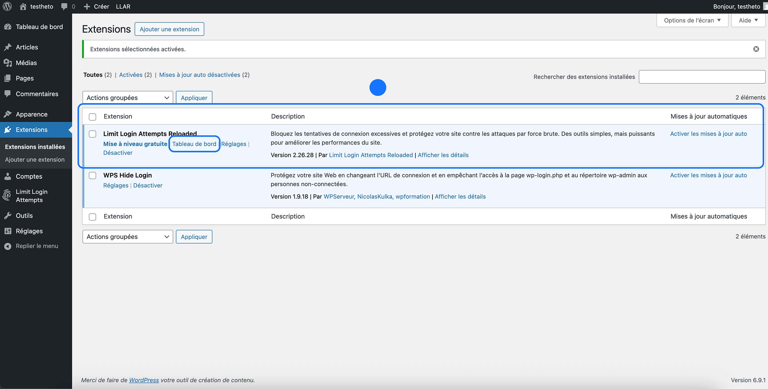 Liste des extensions WordPress avec Limit Login Attempts Reloaded activé.