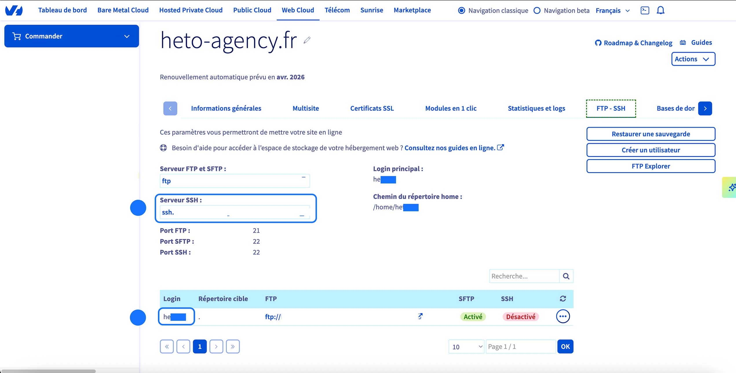 Interface d’hébergement web affichant les paramètres FTP et SSH du site, avec les informations de connexion au serveur, les ports utilisés et la gestion des accès utilisateurs.