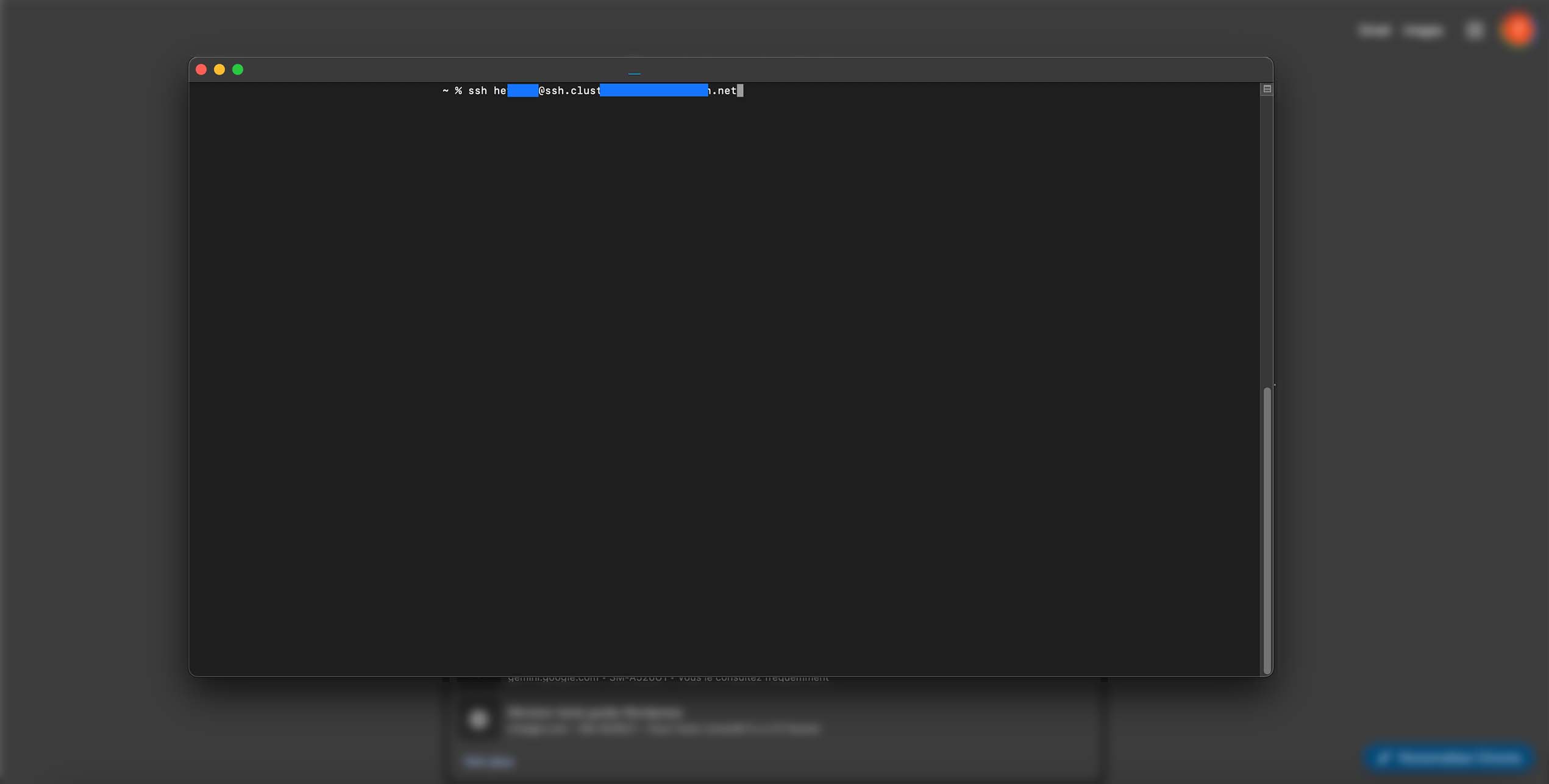 Fenêtre de terminal affichant une commande de connexion SSH vers un serveur distant, prête à être exécutée.