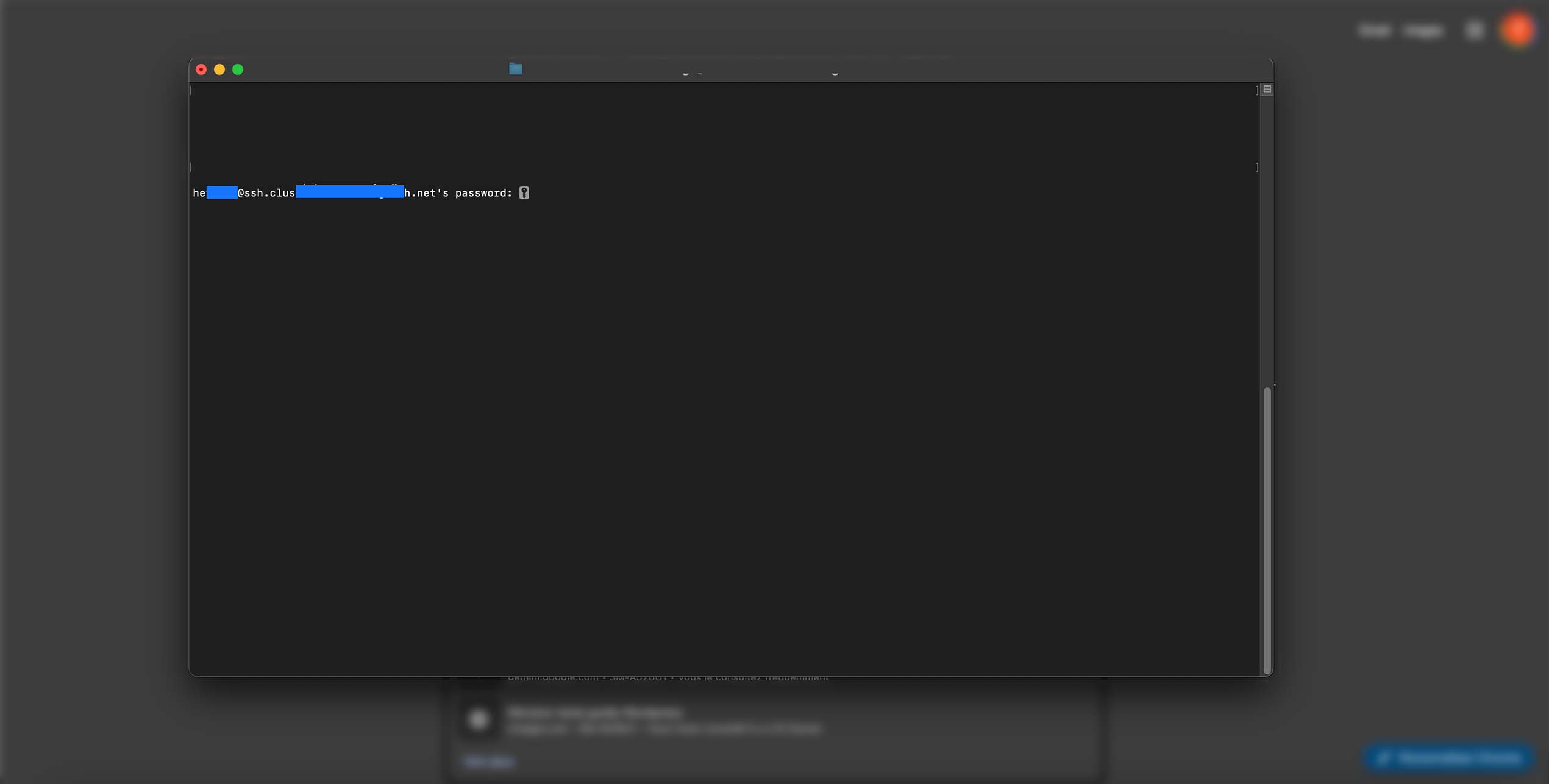 Fenêtre de terminal demandant le mot de passe après une tentative de connexion SSH à un serveur distant.