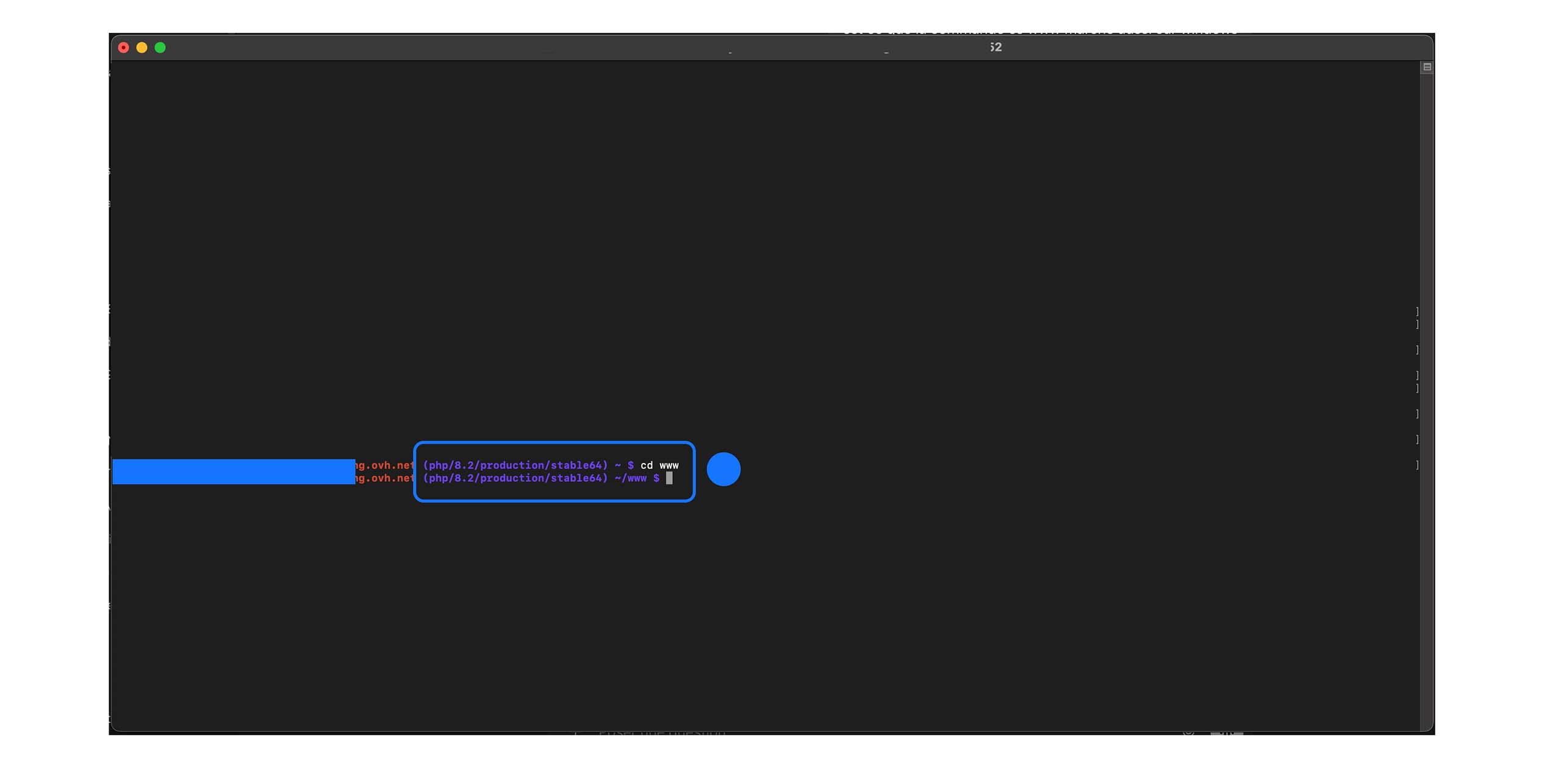 Fenêtre de terminal montrant la navigation vers le répertoire www sur le serveur distant, avec l’invite de commande positionnée dans ce dossier et prête pour les prochaines commandes.