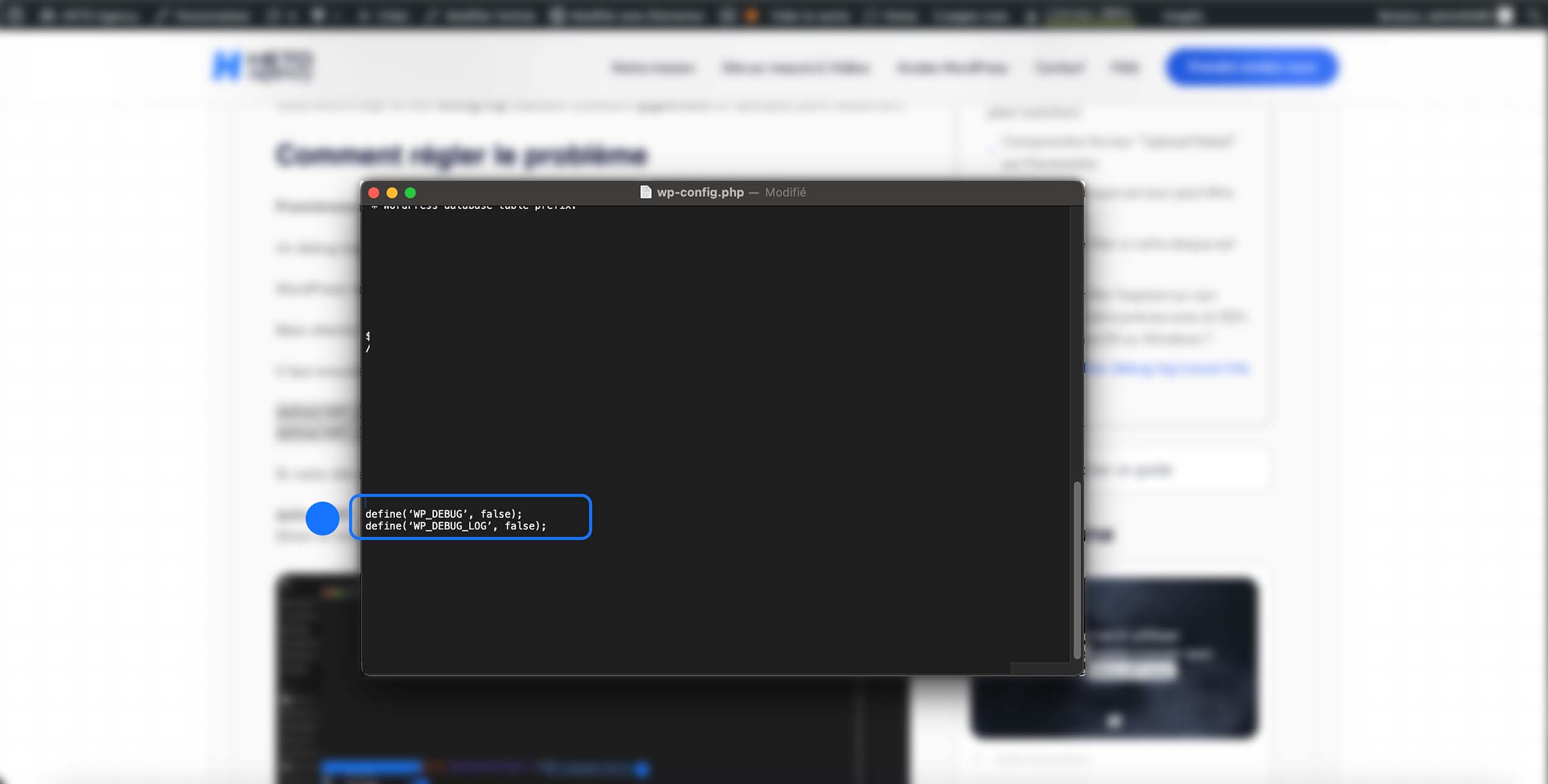 Fenêtre d’édition du fichier wp-config.php affichant la désactivation du mode debug et de l’enregistrement des logs, avec les constantes correspondantes définies sur false.