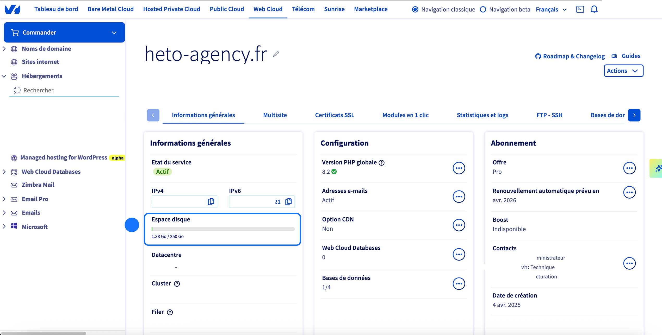 Tableau de bord d’hébergement affichant les informations générales du site, avec un focus sur l’espace disque utilisé par rapport à la capacité totale disponible.