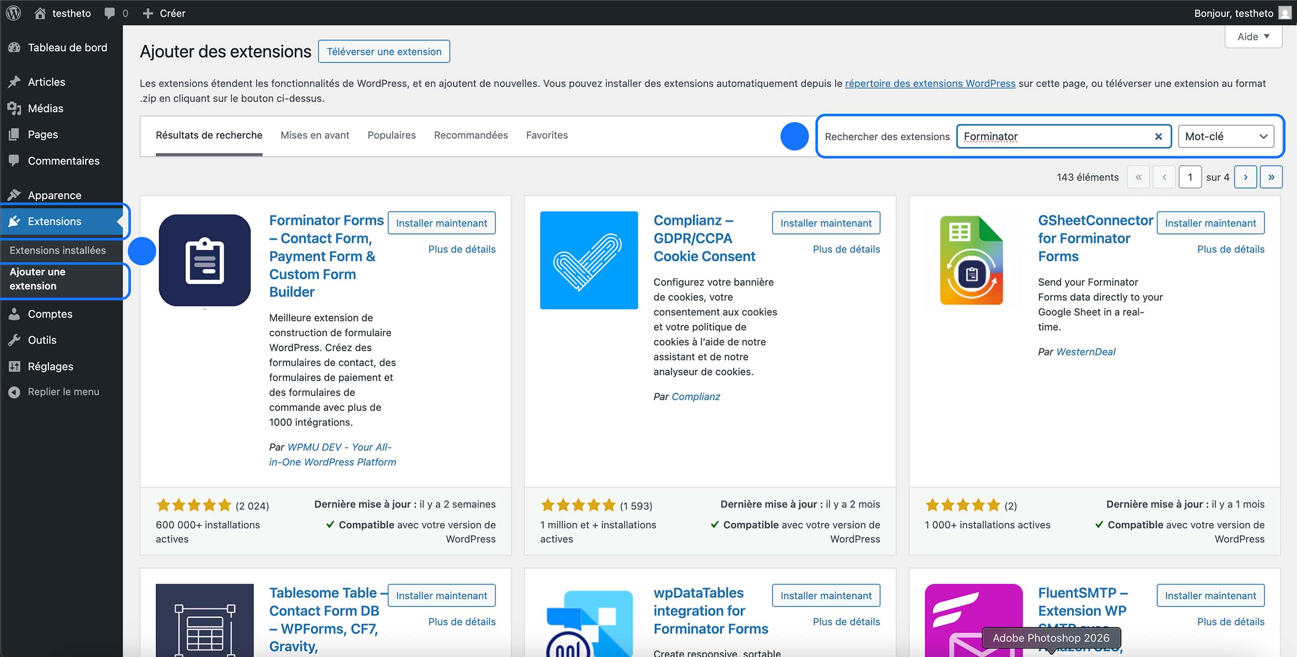 Recherche du plugin Forminator dans le répertoire des extensions WordPress pour installer le constructeur de formulaires