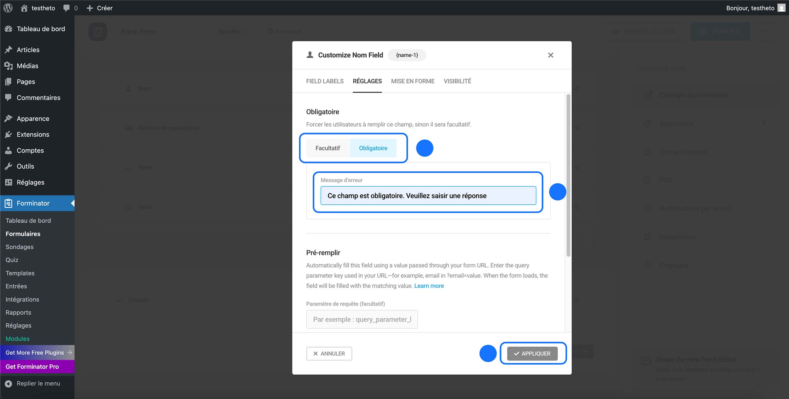 Activation de l’option champ obligatoire dans Forminator avec personnalisation du message d’erreur du champ