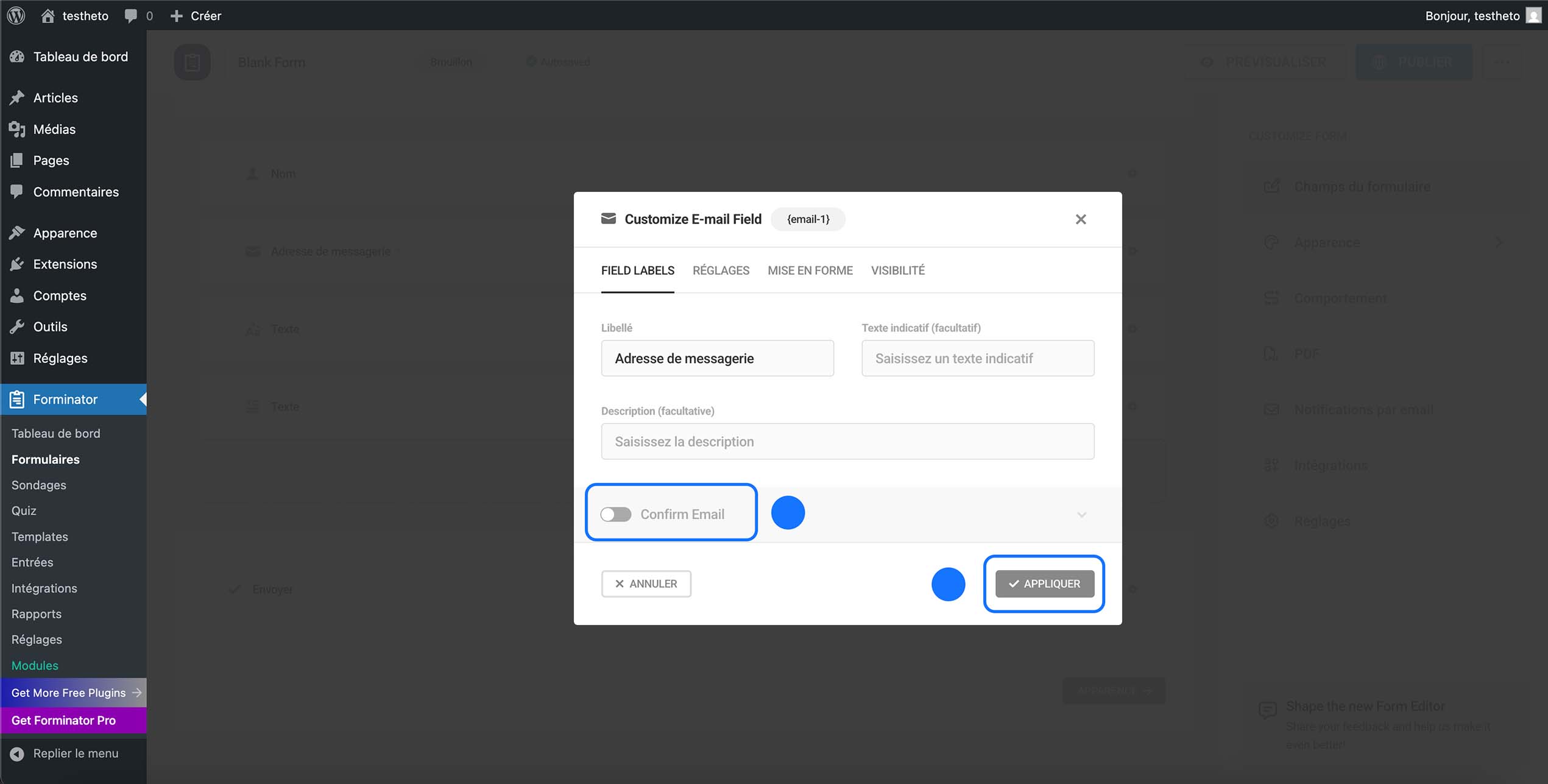 Configuration du champ Email dans Forminator avec option de confirmation d’adresse email et bouton Appliquer