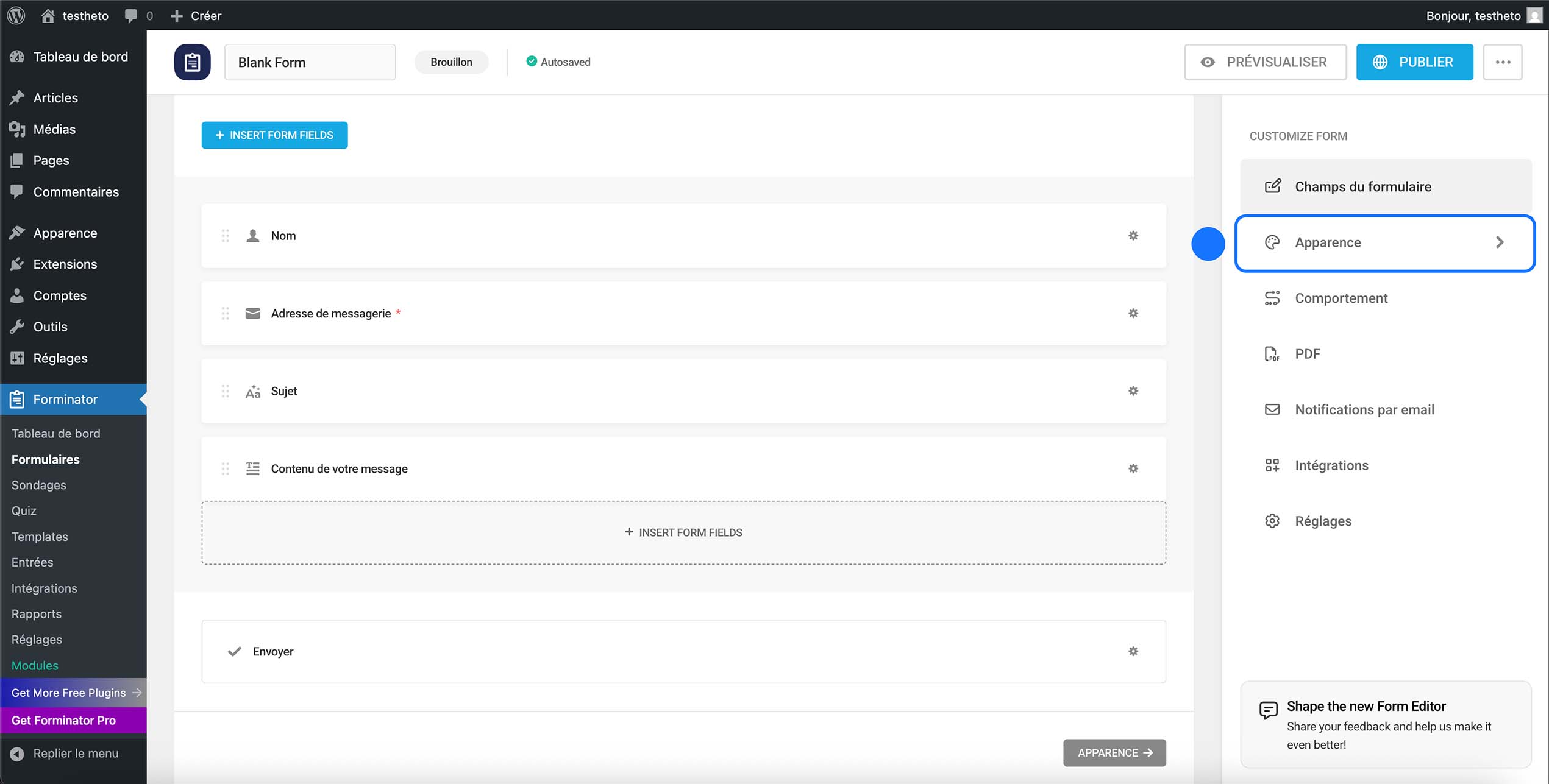 Accès aux paramètres d’apparence du formulaire dans Forminator pour personnaliser le design et le style
