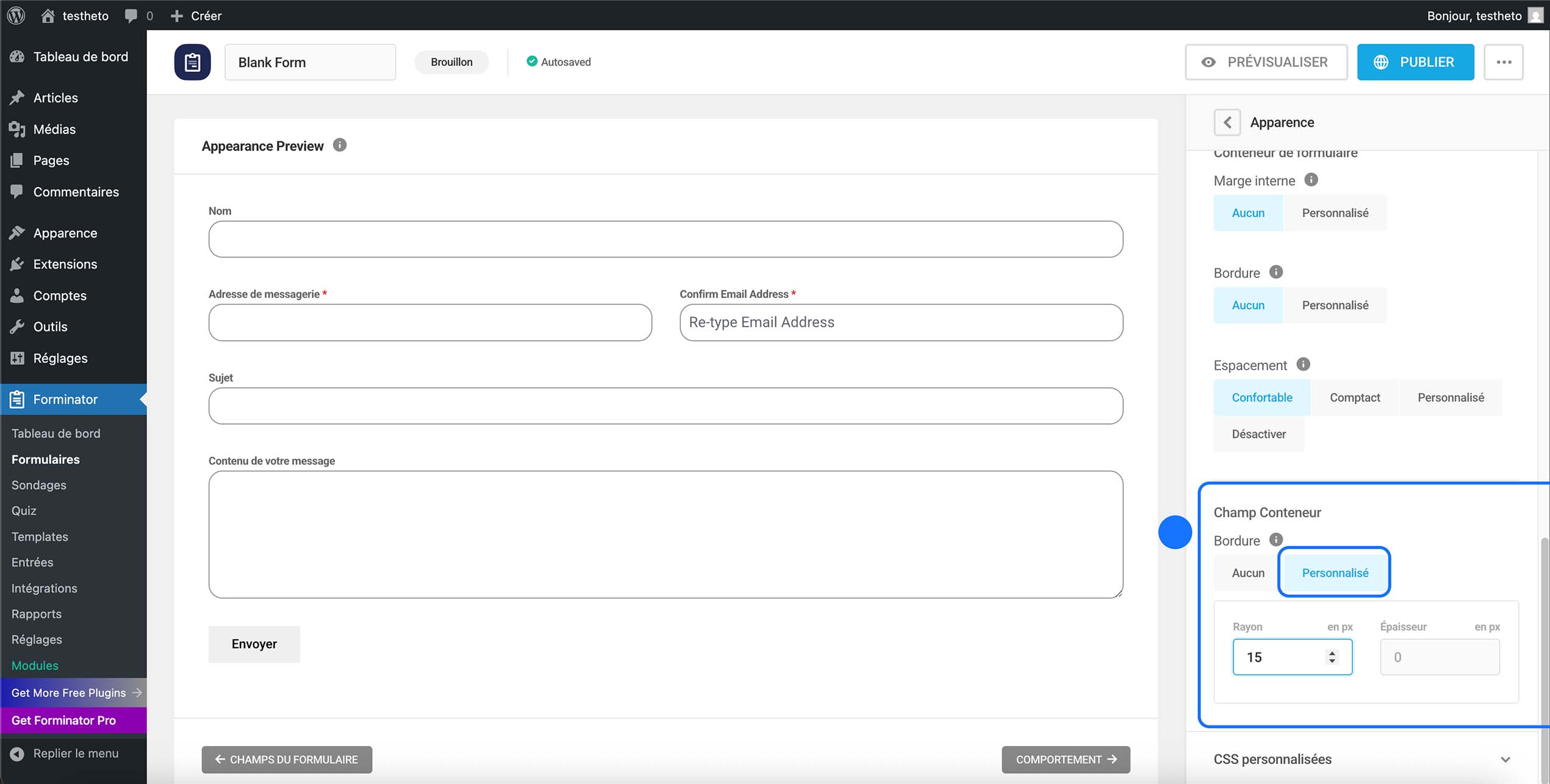 Personnalisation avancée du style du formulaire Forminator avec réglage des bordures, rayons d’angle et espacements des champs