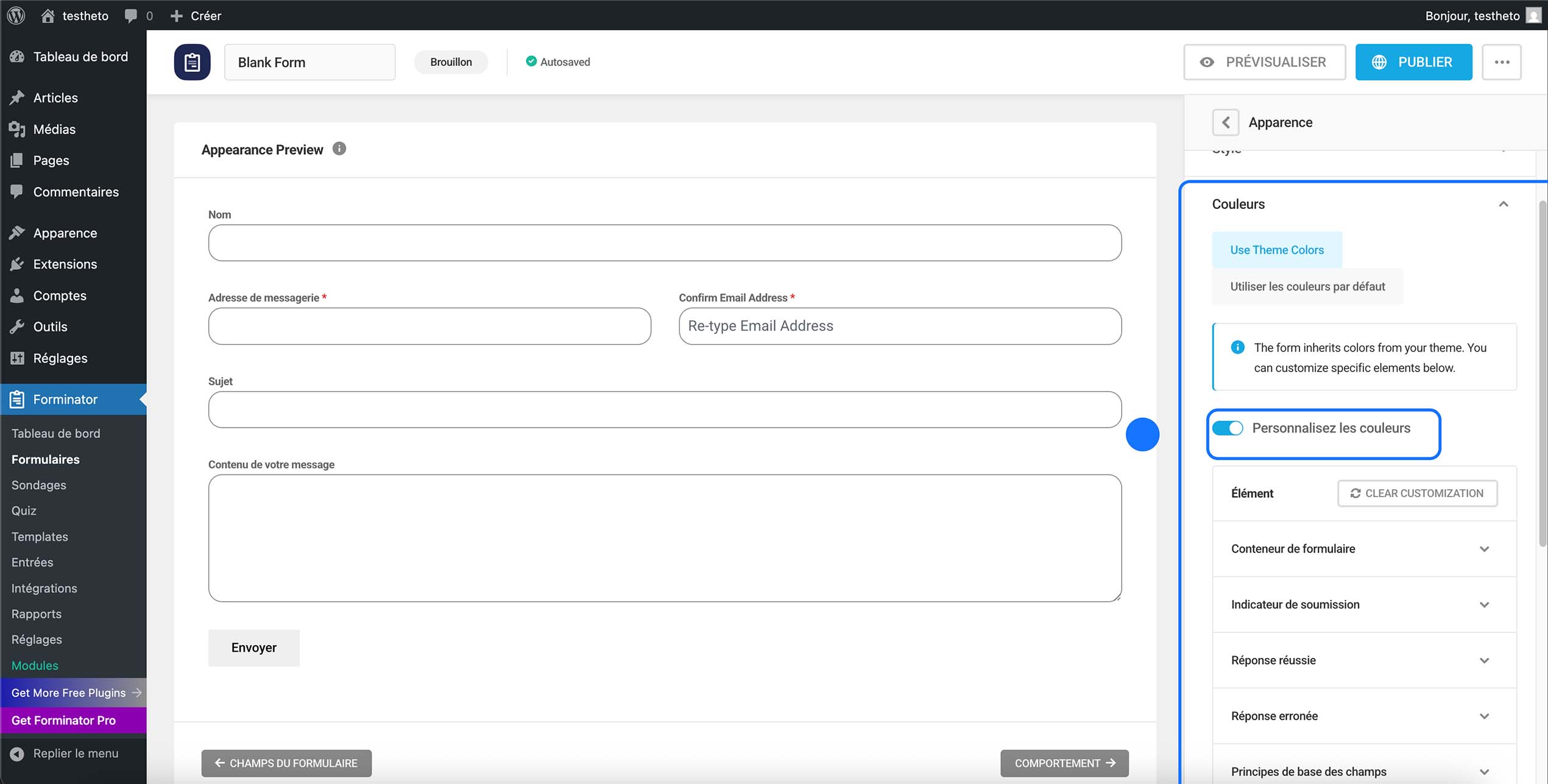 Personnalisation des couleurs du formulaire Forminator avec modification des éléments comme le conteneur, messages de succès et erreurs